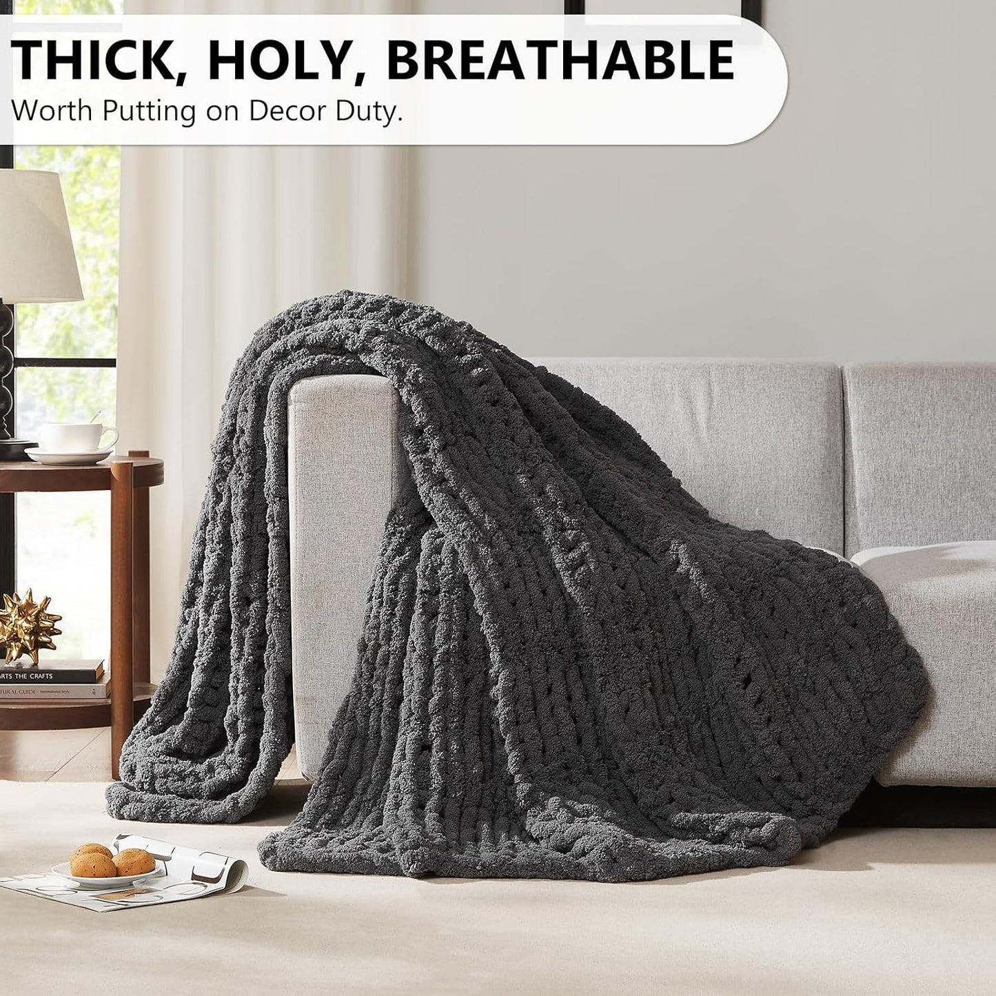 L'AGRATY Chunky Knit Blanket Throw - Soft Throw Blanket 40x50: 100% Hand Kintted Chenile Crochet Throw Blanket for Couch - Large Cable Knit Blanket for Home Decor (Dark Grey)