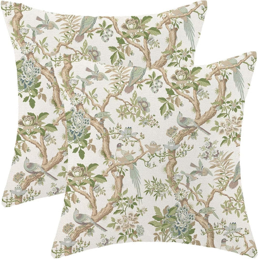 CXMEIFLY Chinoiserie Spring Pillow Covers 20 x 20 Inch Set of 2 for Sage Green Blue Vintage Flowers Bird Decor Throw Pillows Plant Farmhouse Outdoor Decorative Cushion Cases for Couch Bed Decorations