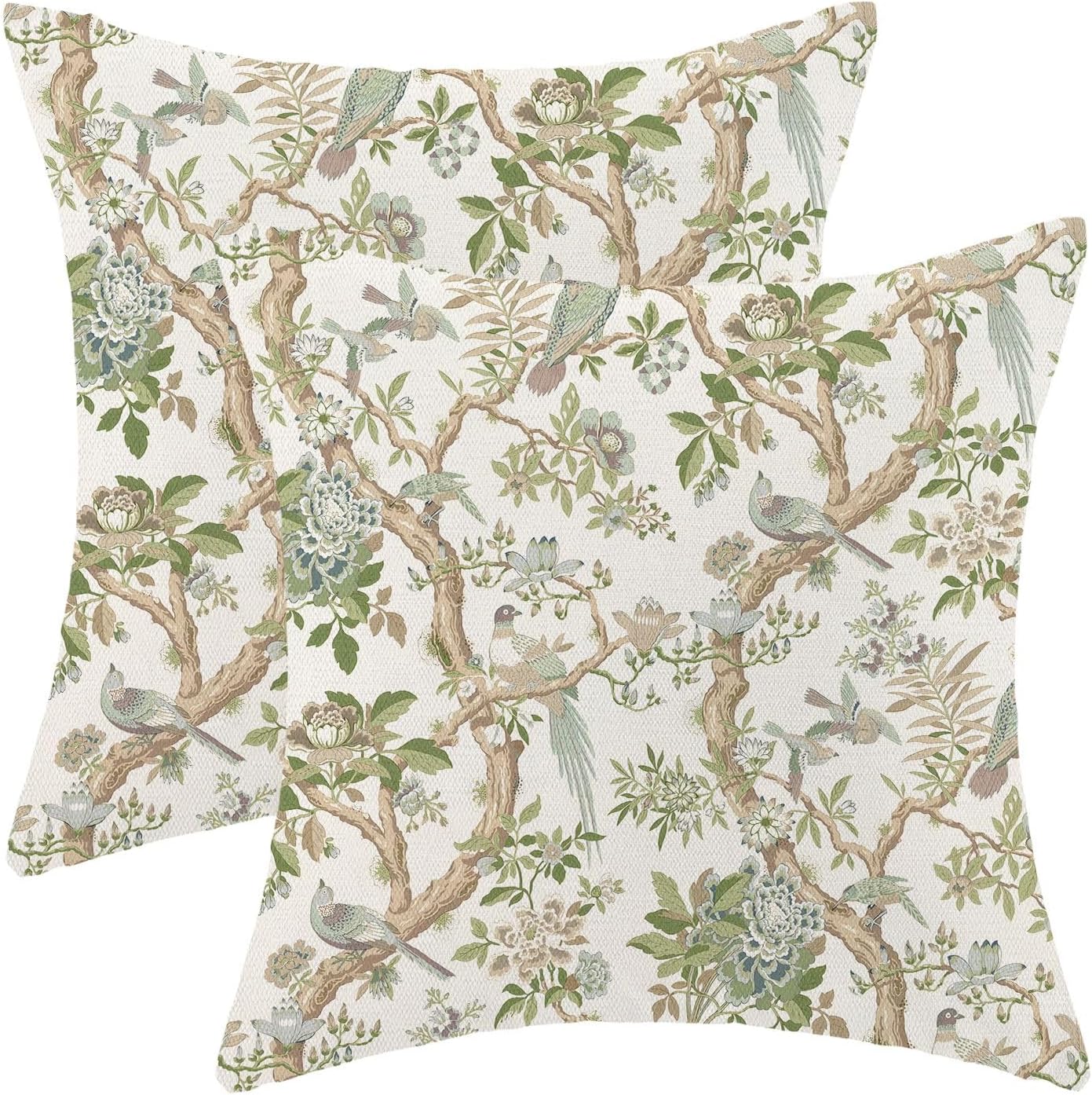 CXMEIFLY Chinoiserie Spring Pillow Covers 16 x 16 Inch Set of 2 for Sage Green Blue Vintage Flowers Bird Decor Throw Pillows Plant Farmhouse Outdoor Decorative Cushion Cases for Couch Bed Decorations