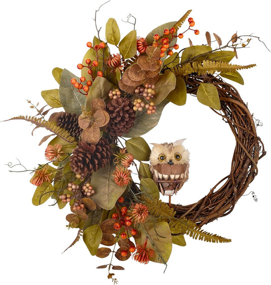 Fall Owl Wreath for Front Door 24 Inch, Autumn Natural Pine Cones Faux Eucalyptus Magnolia Leaf Berry Wreath, Fall Decor for Home Farmhouse Door Wall Window Porch Indoor/Outdoor