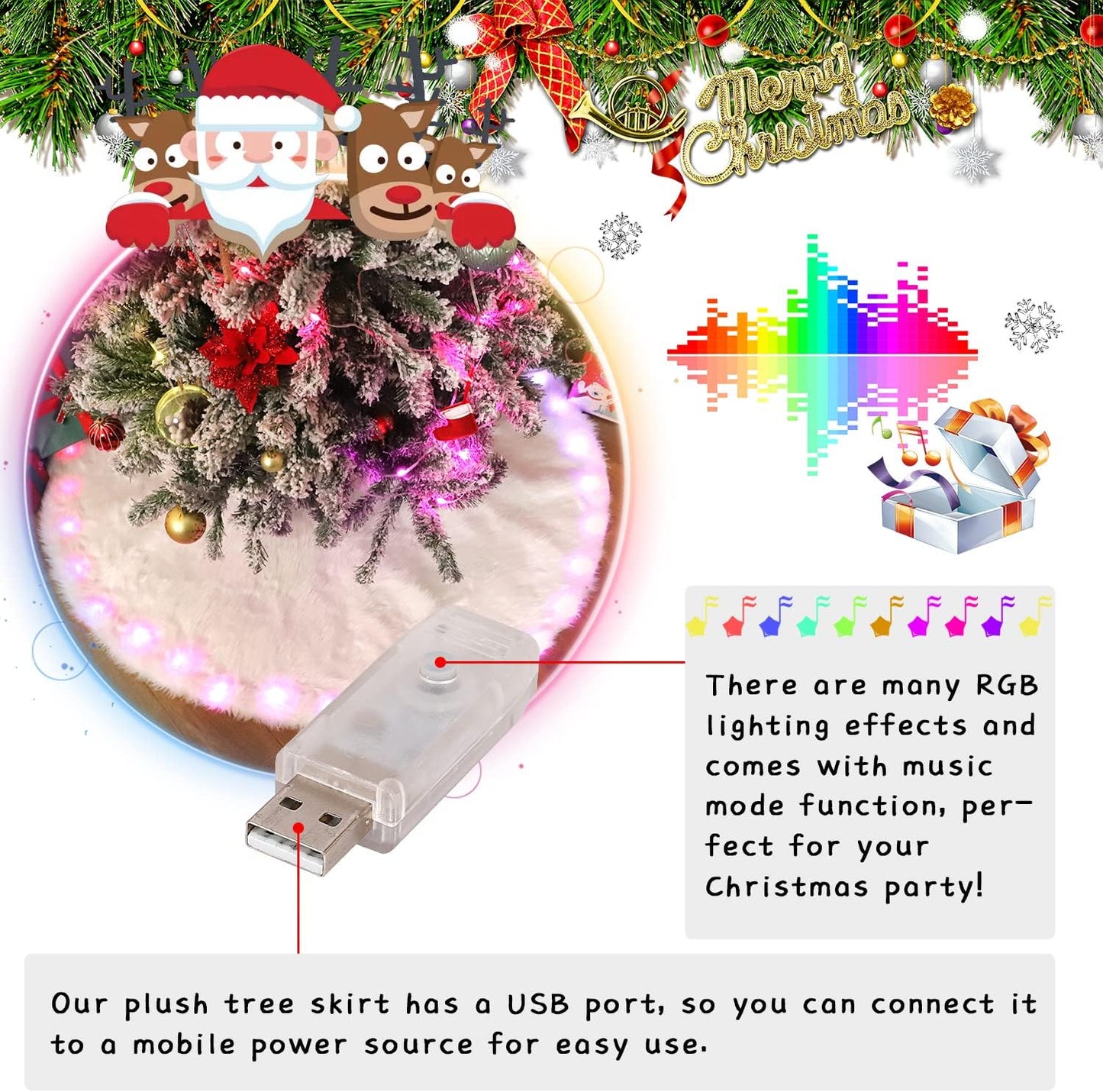 35 Inch Faux Fur Christmas Tree Skirt with Lights Soft Snow White Plush Tree Mat Christmas Decorations Fluffy Tree Skirts Xmas Holiday Party Indoor Decorations