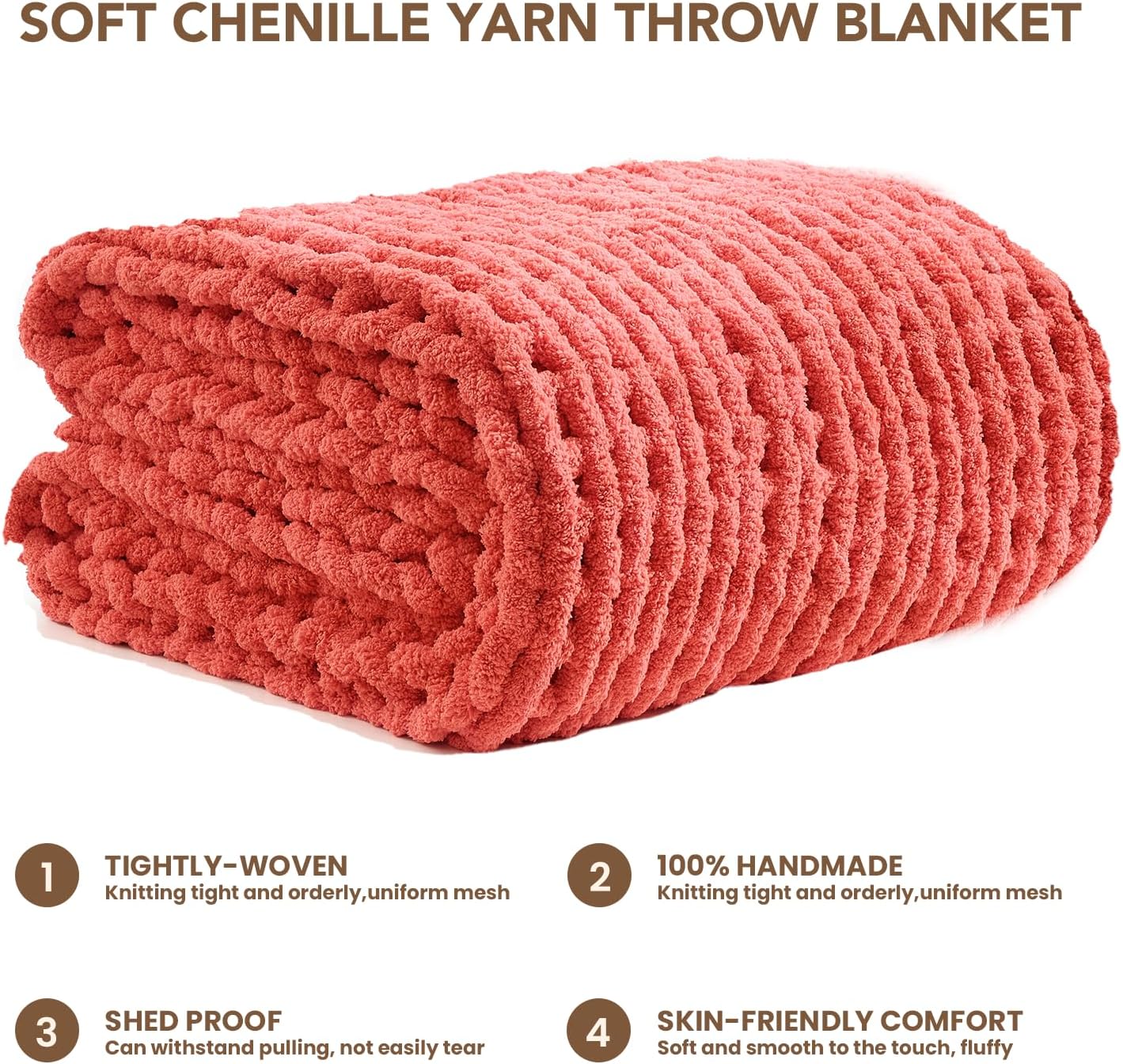 L'AGRATY Chunky Knit Blanket Throw: 60''x80'' Chenille Chunky Knitted Throw Blankets for Twin Bed Couch - Handmade Thick Cable Knit Blanket - Large Crochet Rope Blankets for Home Decor(Coral Pink)