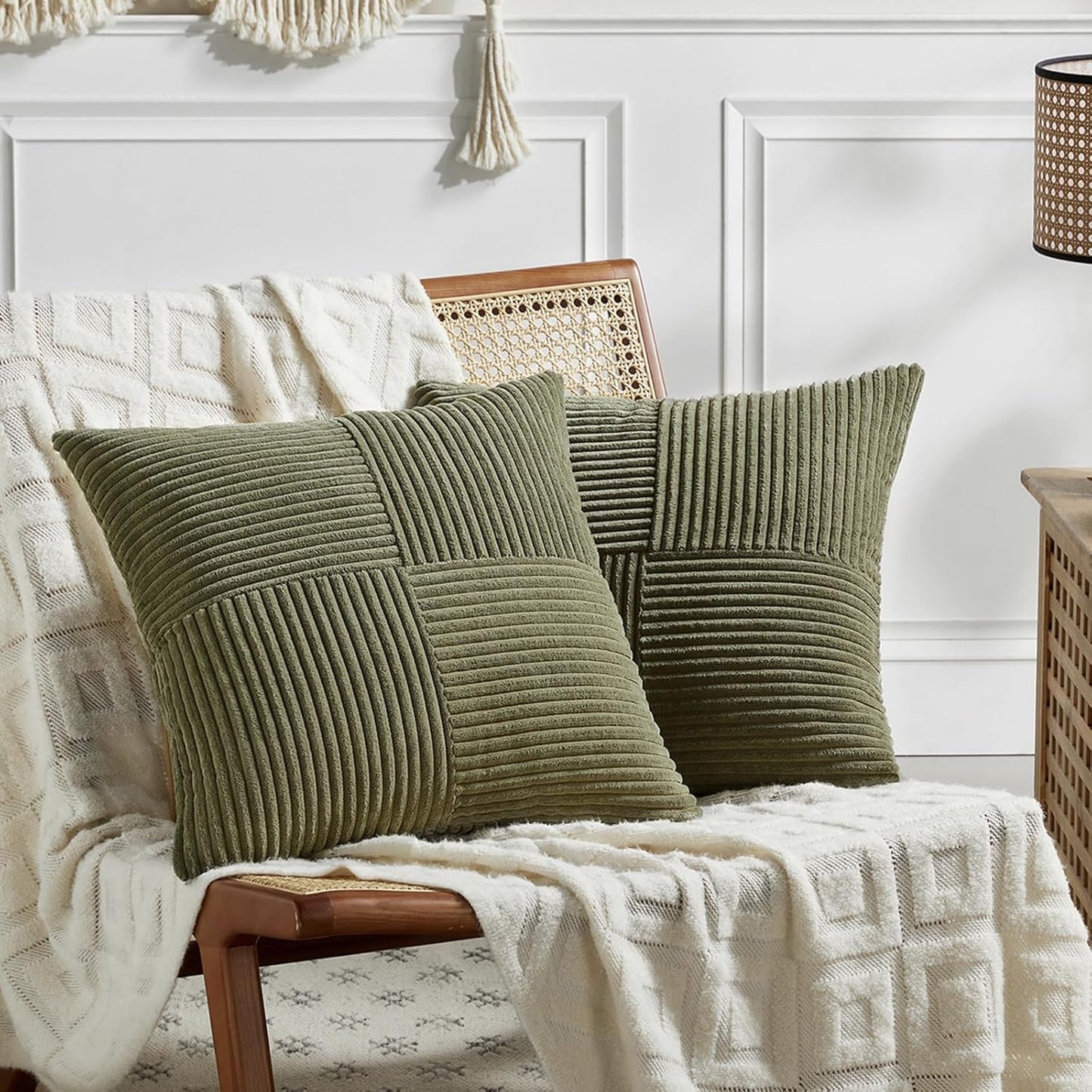 Fancy Homi 2 Packs Olive Green Euro Decorative Throw Pillow Covers 28x28 Inch Room Couch Bed, Rustic Farmhouse Boho Home Decor, Soft Corss Corduroy Patchwork Textured Cushion Case 71x71 cm