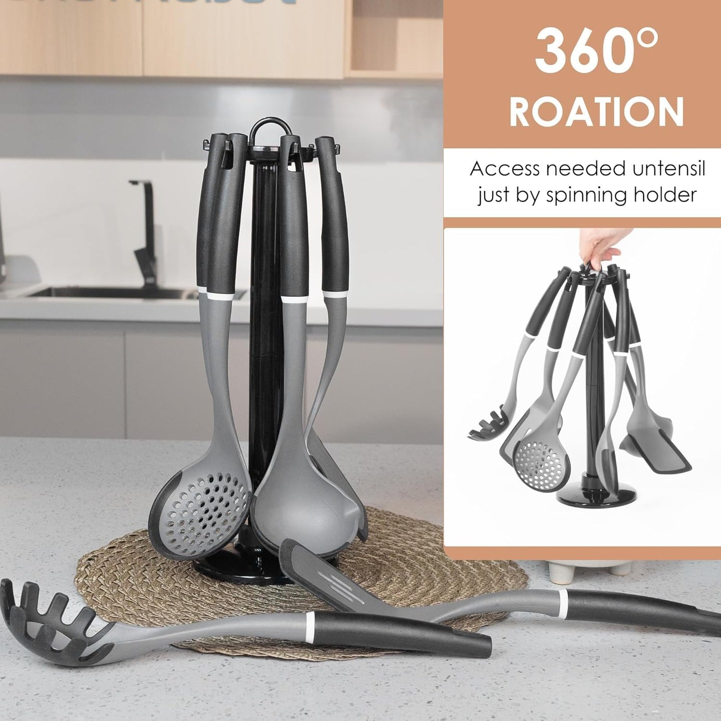 Kitchen Cooking Utensils Set, Non-Stick Spatula Set with Rotating Stand, 6 PCS Silicone Utensils Set for Cooking, 400°F Heat Resistant, Kitchen Gadgets with Nylon Handle & Stable Holder, Dark Grey