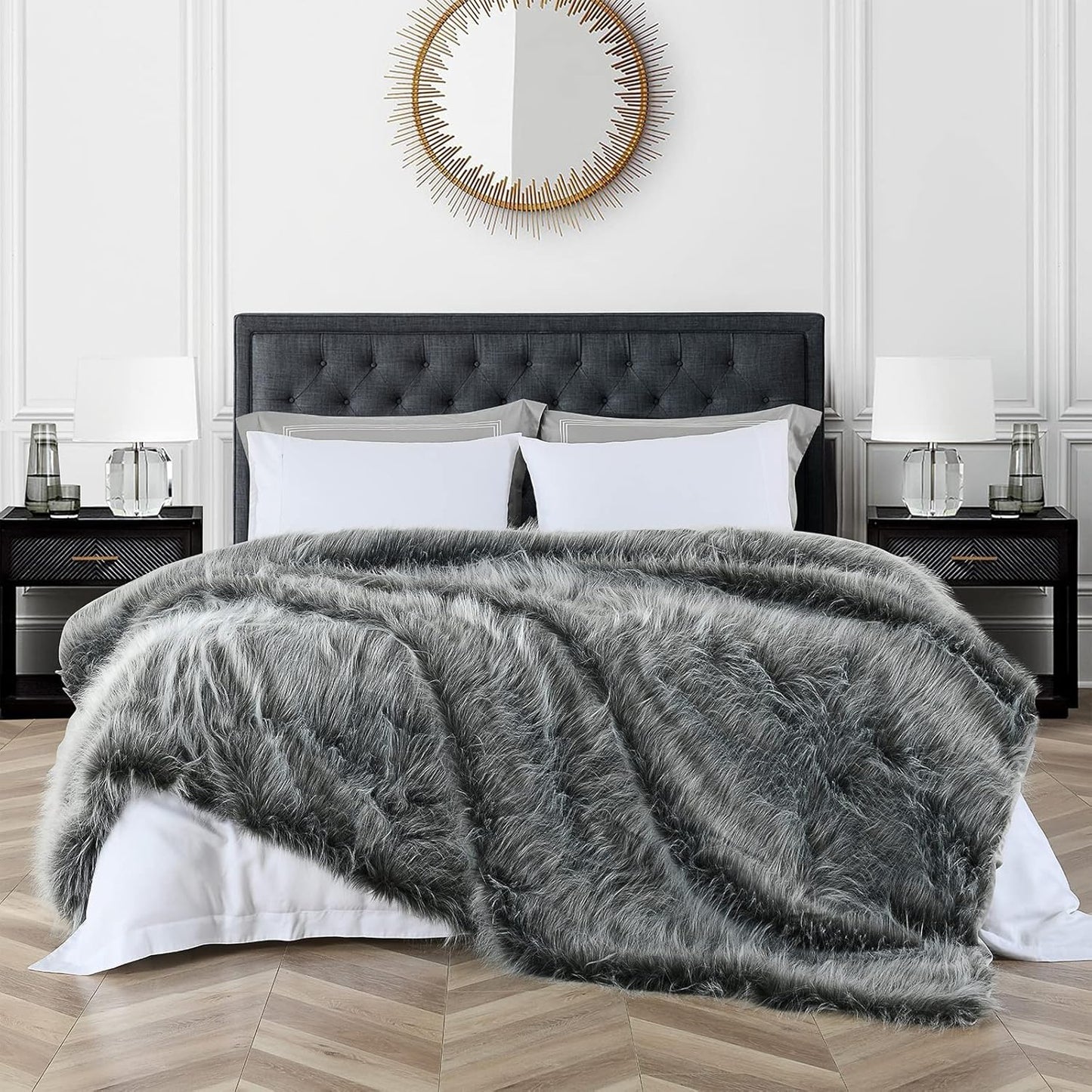 Luxury Faux Fur Blanket King Size, Ultra Big Grey and Black High Pile Mixed Faux Fur Throw Blanket, Oversized Super Warm, Fuzzy, Elegant, Fluffy Decoration Throws for Sofa, Couch and Bed, 104''x 90''