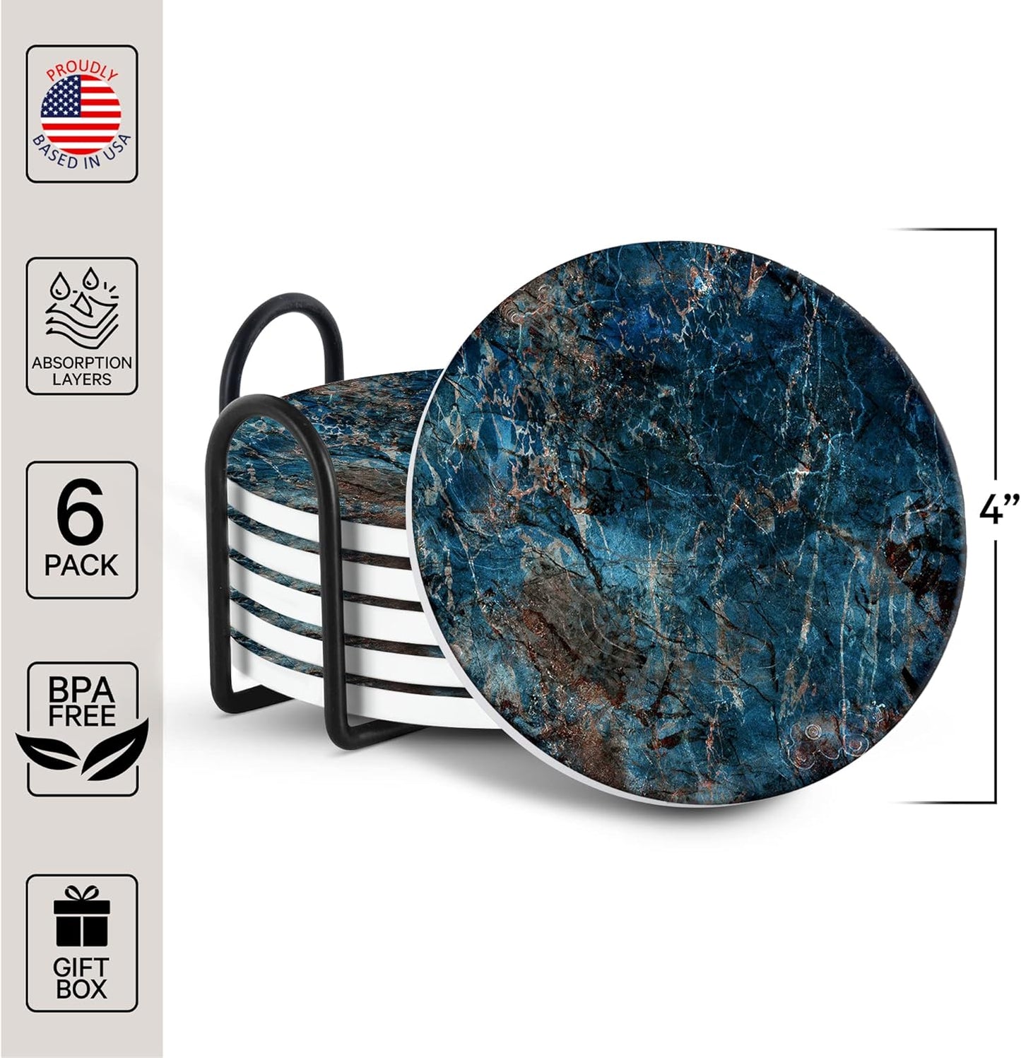 Emerson Coasters for Drinks Absorbent – Natural Stone Drink Coasters Set with Holder, Coasters for Coffee Table, Wooden Tabletop Protection Marble Style – 100% Heavy Duty Set of 6 (Deep Ocean)