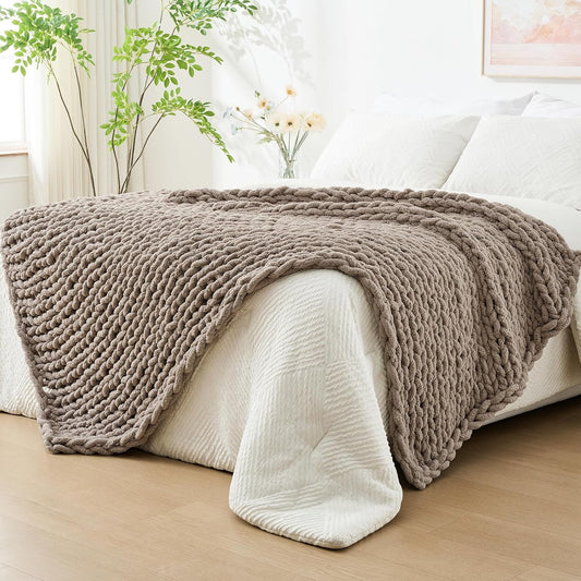 Bigacogo Chunky Knit Throw Blanket for Couch, 40x80 inches, 100% Hand Knitted with Thick Jumbo Chenille Yarn, Cozy Soft Large Rope Knot Cable Crochet Blankets for Sofa Bed Living Room, Taupe
