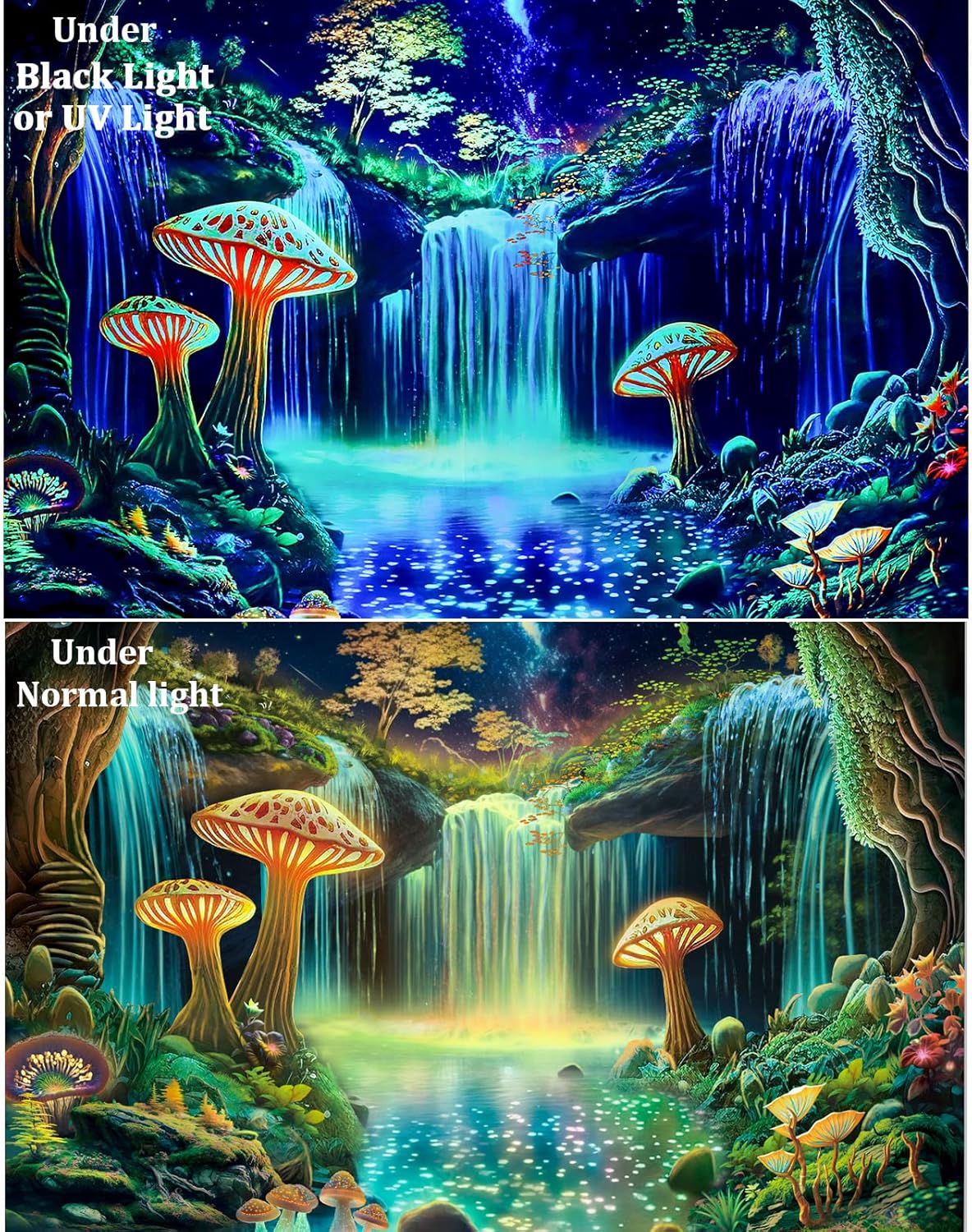 Ameyahud Blacklight Fantasy Forest Tapestry UV Reactive Waterfall Tapestries Starry Sky Tapestry Neon Nature Plant Wall Hanging Decor for Home