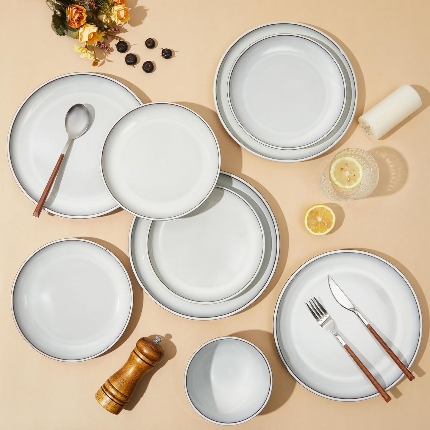 18 Piece White Stoneware Dinnerware Set for 6, Santorini Mist Terracotta Plates and Bowls with Reactive Glaze, Microwave & Dishwasher Safe, Aesthetic Ceramic Dishes for Family Meals & Hosting