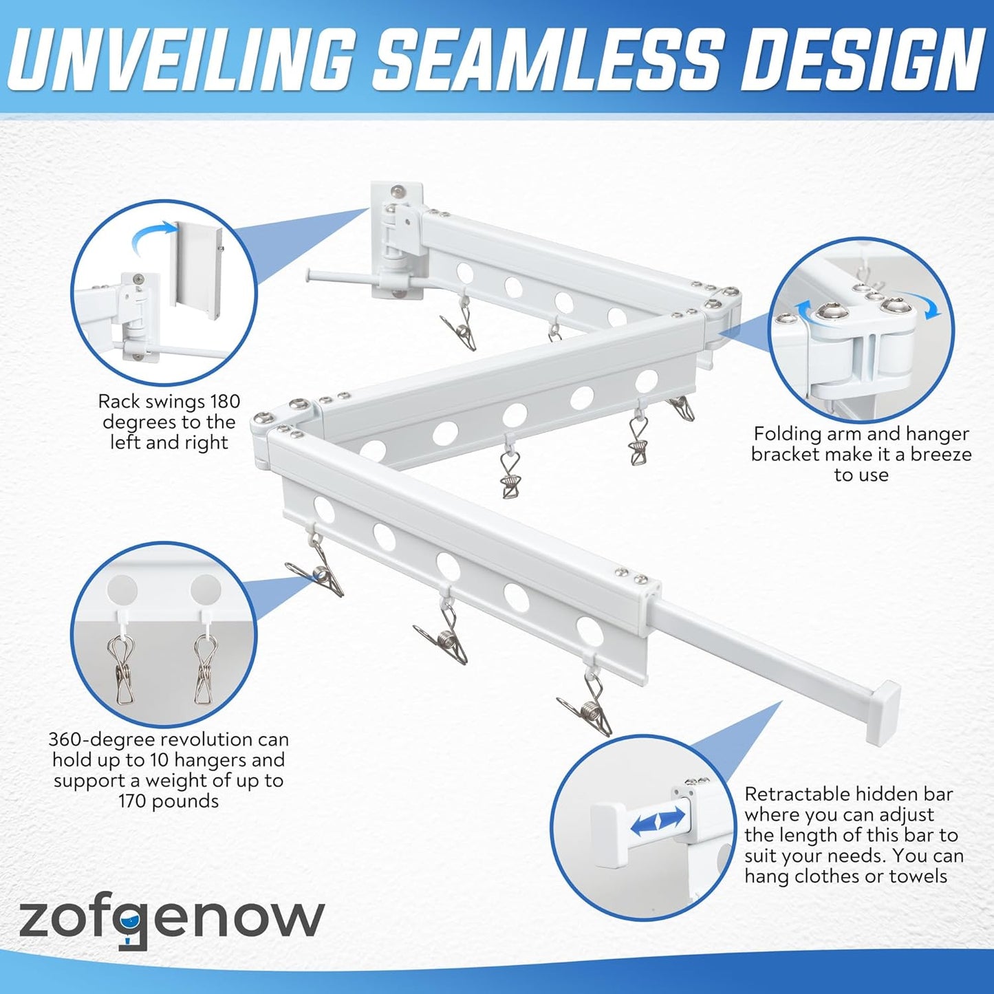 Clothes Drying Rack Wall Mounted, Retractable Space-Saving Foldable Laundry Drying Rack for Indoor & Outdoor Use - Laundry Rooms, Bathroom & Balconies,Includes 10 Clothespins(White)