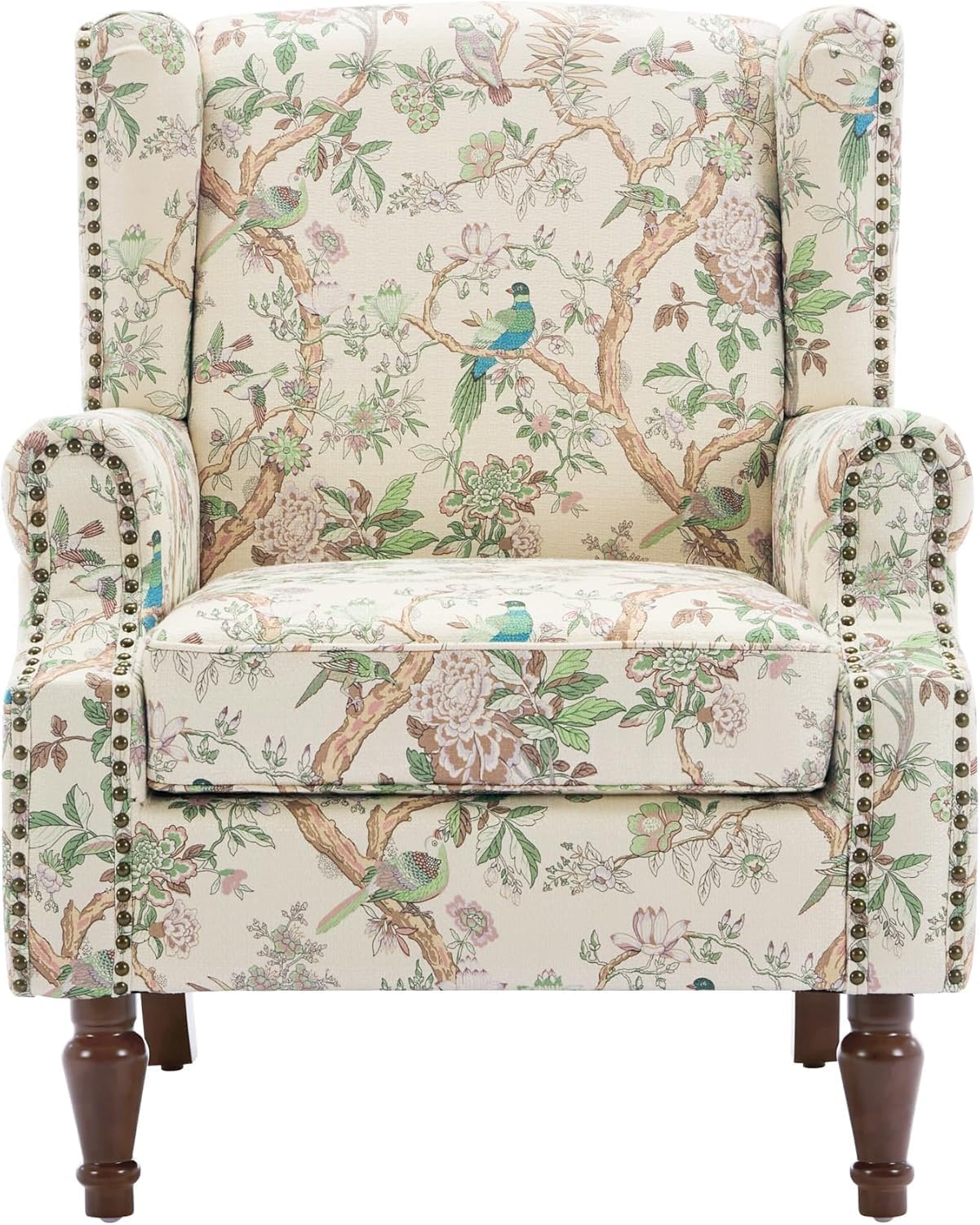 UIXE High Back Floral Accent Chair, Fabric Upholstered Armchair for Living Room, Retro Wingback Arm Chair with Solid Wood Legs, Nailhead Trim Single Sofa Bedroom Reading Seat - Bird Pattern