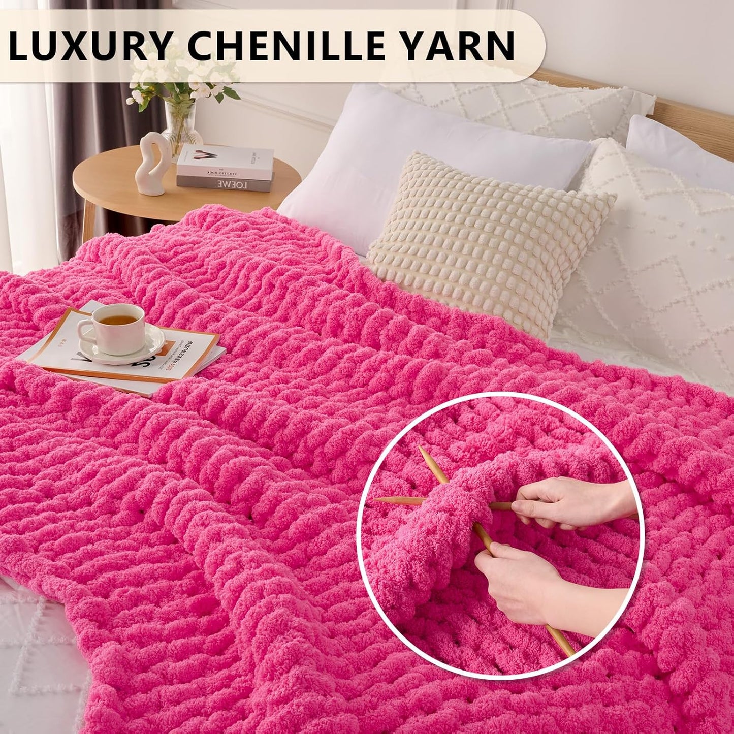 L'AGRATY Chunky Knit Blanket Throw: 50''x60'' Chenille Chunky Knitted Throw Blanket for Bed Couch - Handmade Thick Big Cable Knit Blankets - Large Crochet Rope Blanket for Home Decor(Hot Pink)