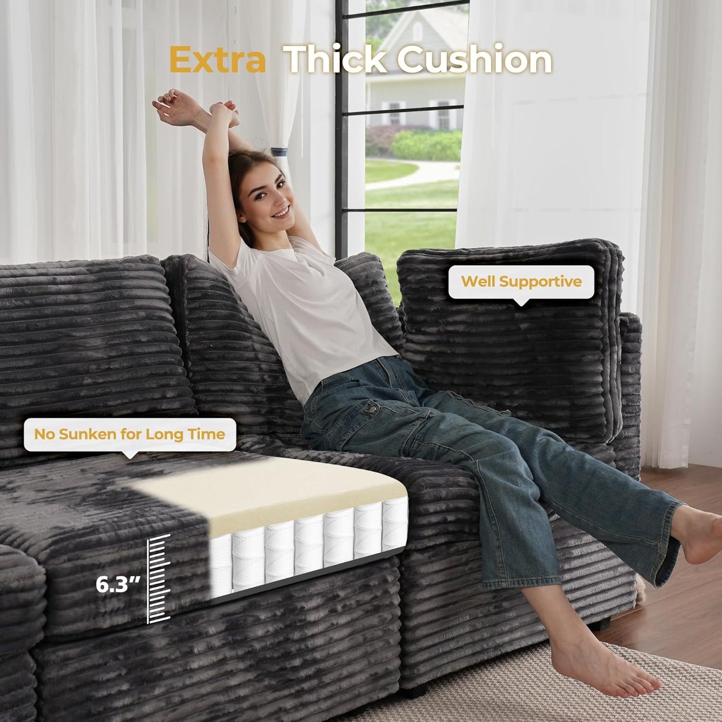 HOOOWOOO Modular Sectional Sofa,8 Pieces Sectional Couches for Living Room,164X66 L Shaped Cloud Couch with Ottoman Chaise Set(Grey Velvet Corduroy)