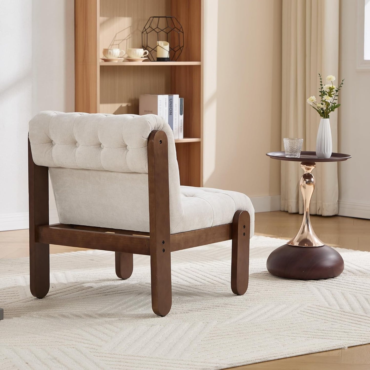 Modern Armless Accent Chair Set of 2 for Living Room, Beige Linen Button Tufted Upholstered Lounge Reading Chair with Walnut Wood Frame