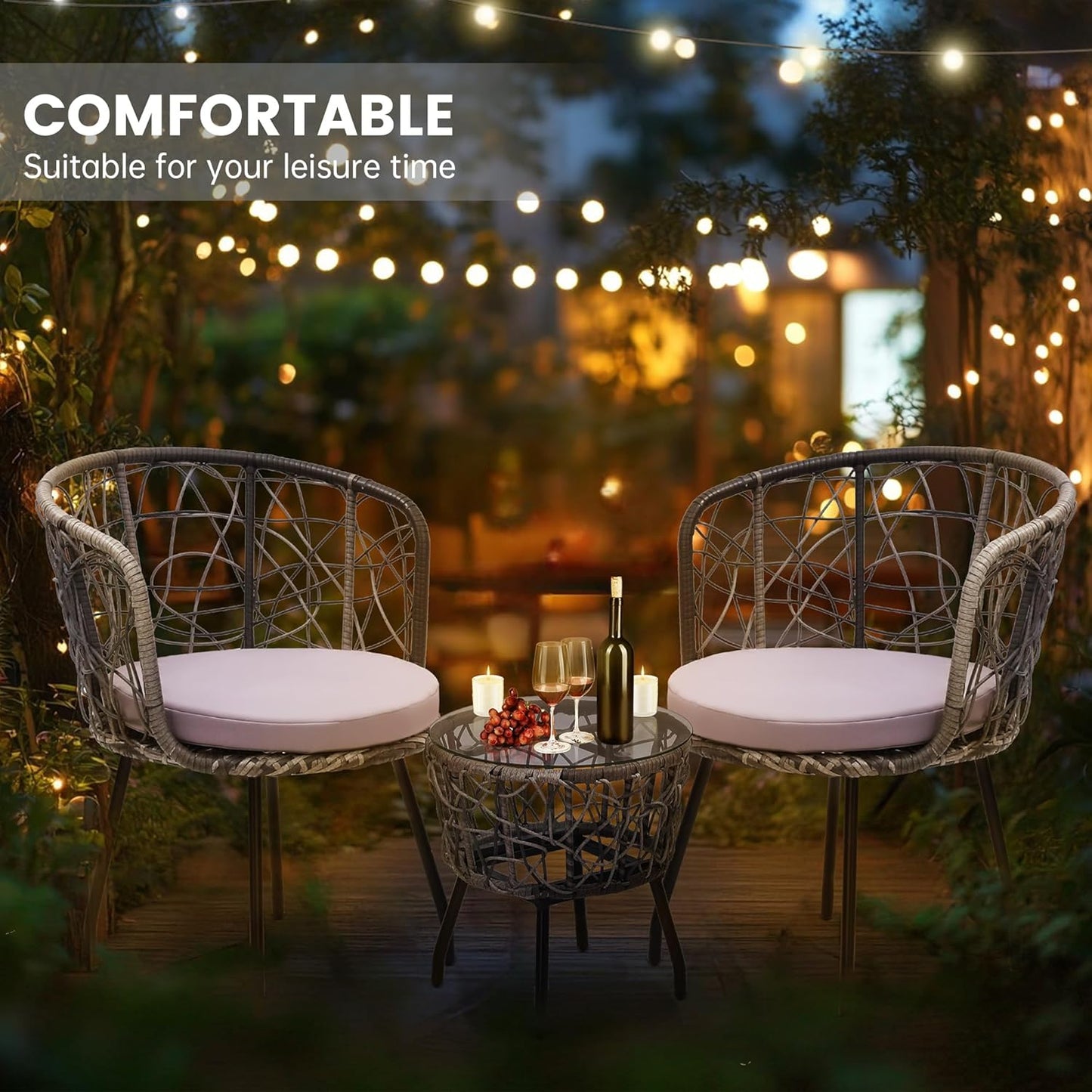 Kromax 3 Piece Bistro Set, Modern Outdoor Wicker Patio Furniture with Tempered Glass Table Top and 2 Chairs, Washable Cushions, Grey Rattan and Grey Cushion