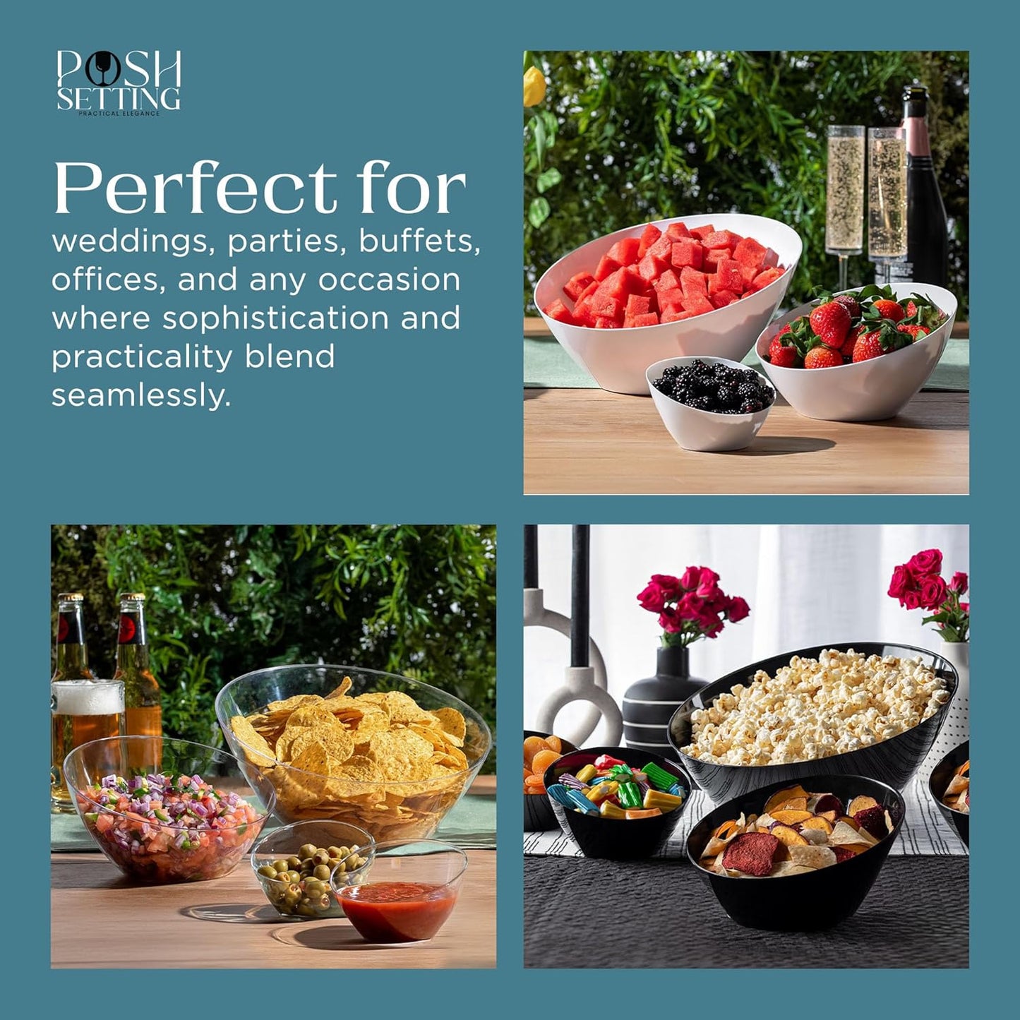 Posh Setting Crystal Clear, Disposable Premium Hard Plastic Medium Angled Bowl, Party, Salad, Snack and Fruit Bowl 5 Pack