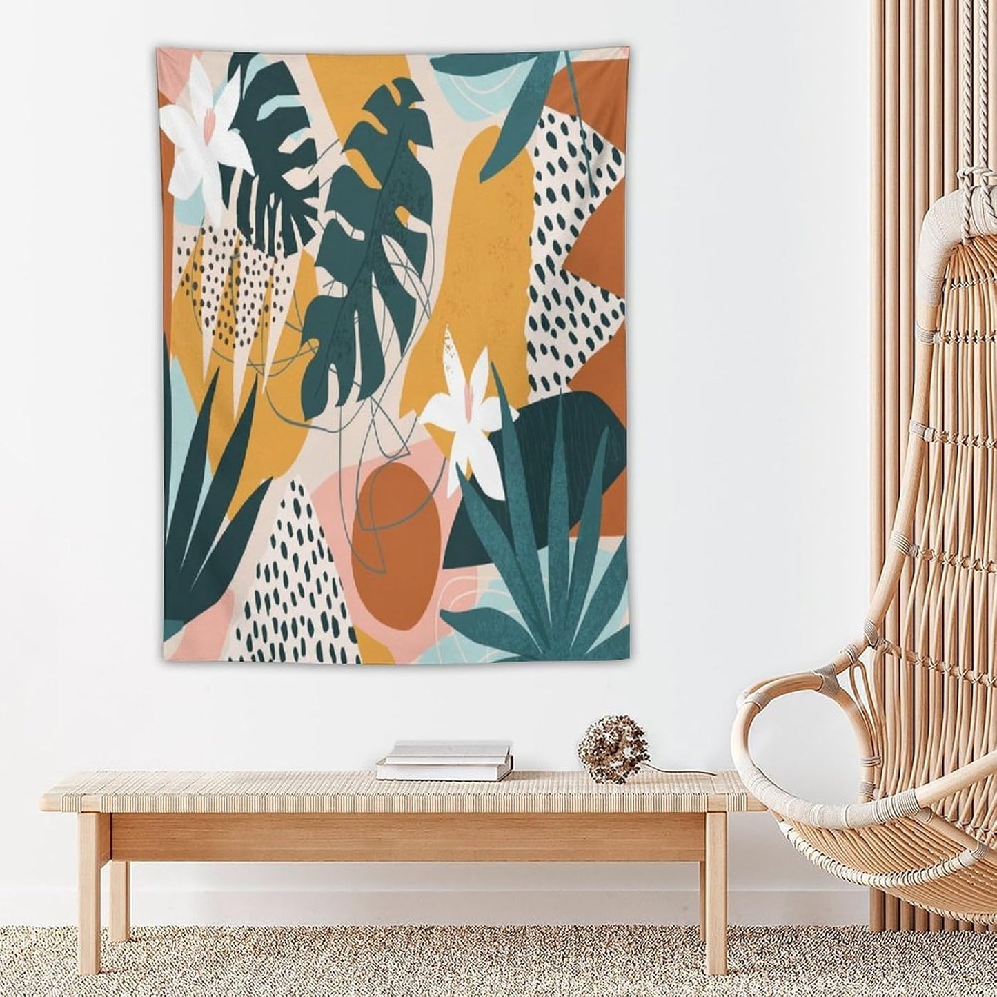 Abstract Bohemian Mid Century Tapestry, Tropical Leaves Modern Geometric Archway Minimalist Bohemian Botanical Aesthetic Wall Hanging, Sage Green Gold Home Decor Art for Bedroom 60x60 Inch