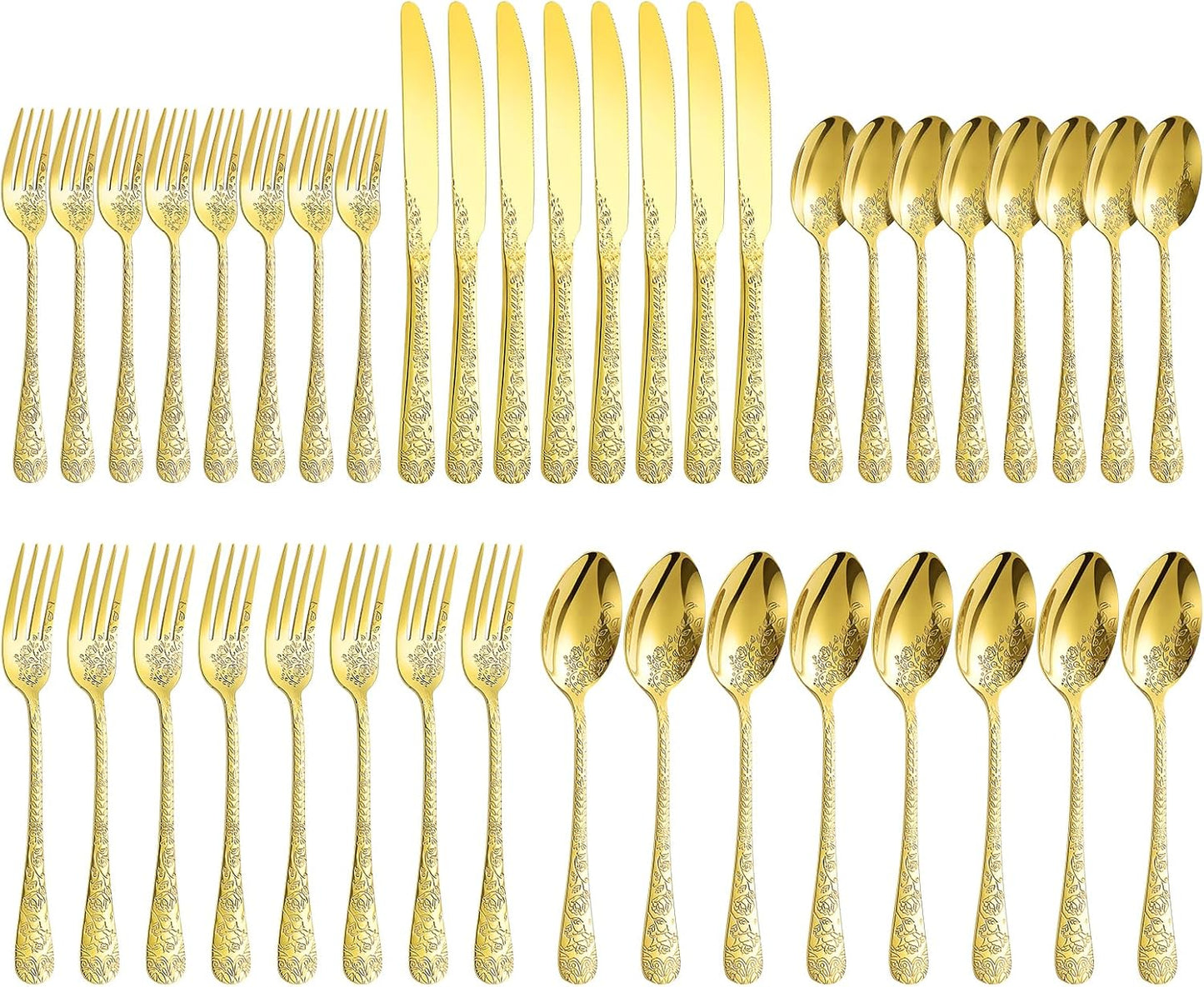 Floral 40 Pcs Gold Silverware Set for 8, Food Grade Stainless Steel Flatware Set with Rose Flower Embossed Design, Eating Utensils Sets Include Fork/Knife/Spoon, Reusable Cutlery Set, Dishwasher Safe