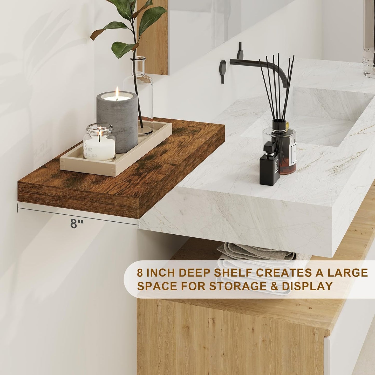 Fun Memories Floating Shelves for Wall, 8 Inch Deep Floating Wall Shelf, 16" x 8" Floating Shelves - Set of 2, Rustic Wooden Storage Shelves for Bathroom, Living Room, Kitchen, Rustic Brown Color