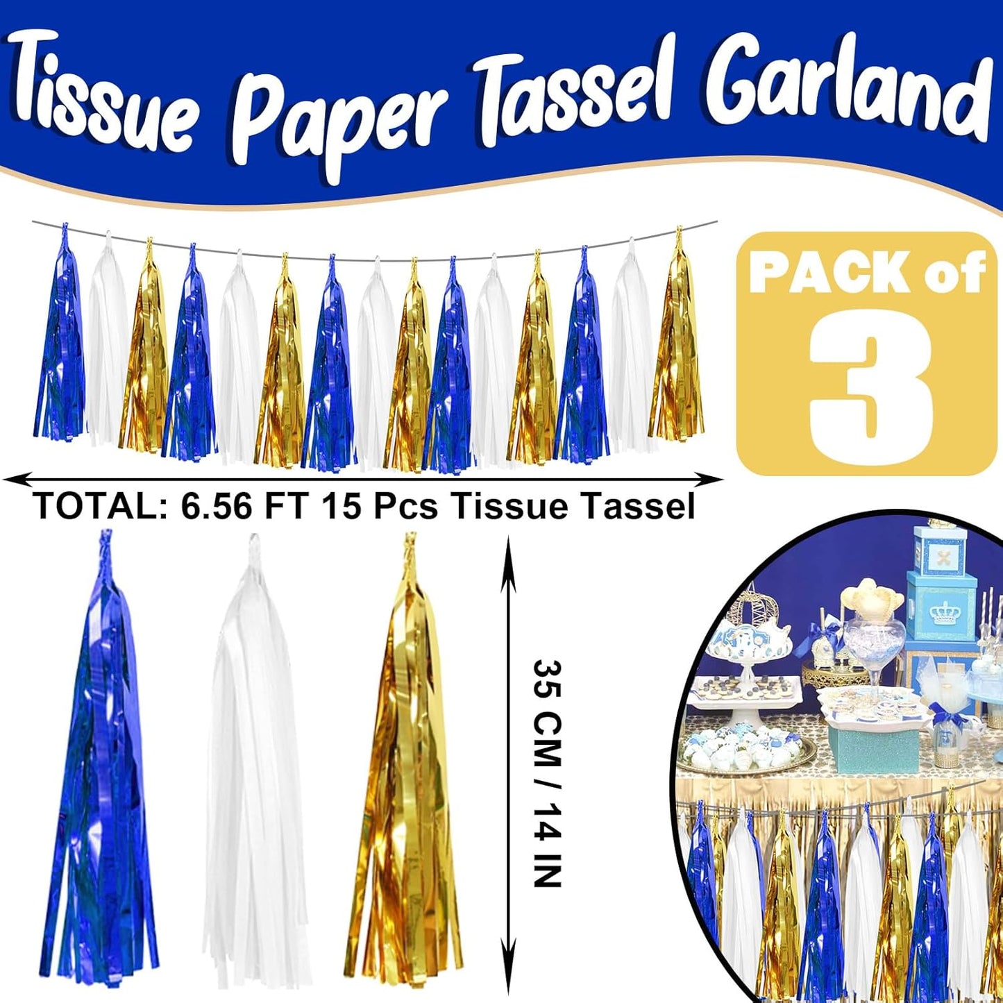 3P Navy-Blue White-Gold Foil Fringe Metallic Tassel-Garland, Tassels Banner Streamers for Parade Floats, Bachelorette, Wedding, Birthday, Halloween, Christmas, Bridal/Baby Shower Party Decorations