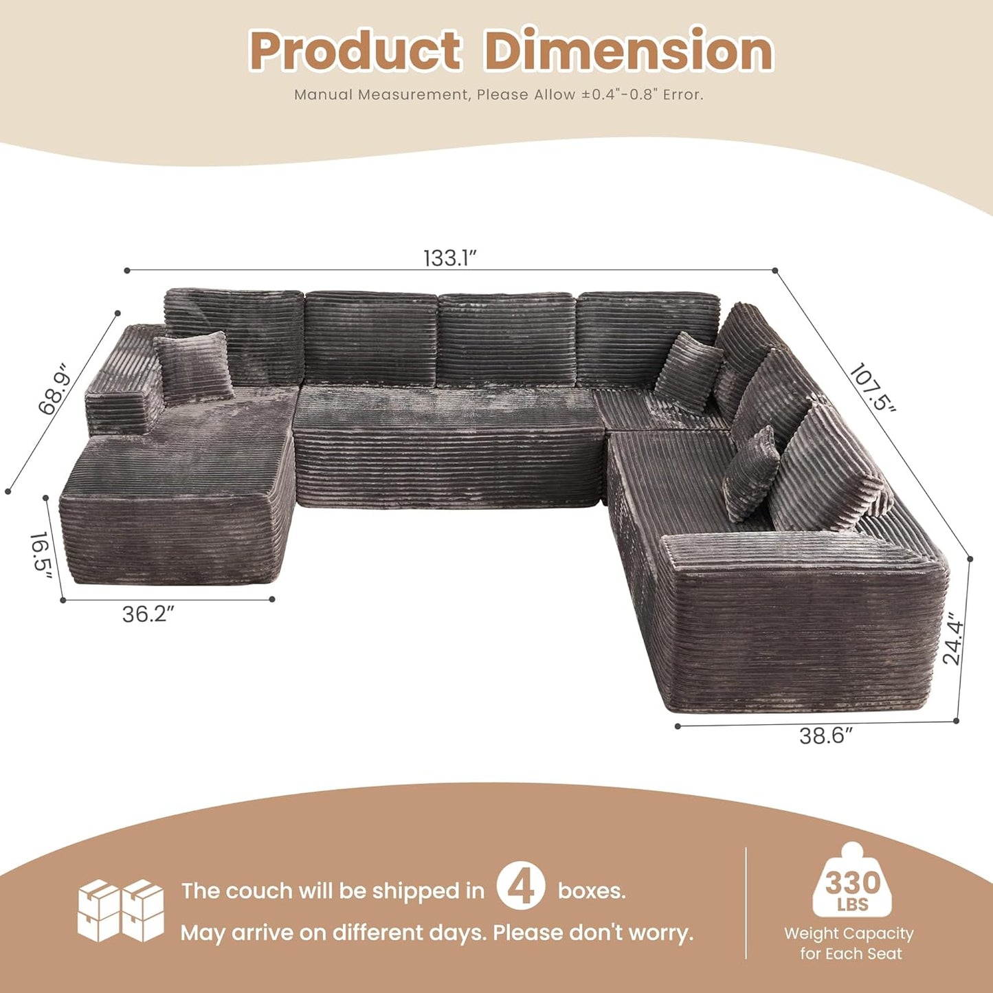 HOOOWOOO Cloud Sectional Couches for Living Room,Modular Sectional Sofa No Assembly,133X108 Inch Plush Corduroy Large U Shaped Floor Couch Set with Deep Seat Left Chaise(Gray)