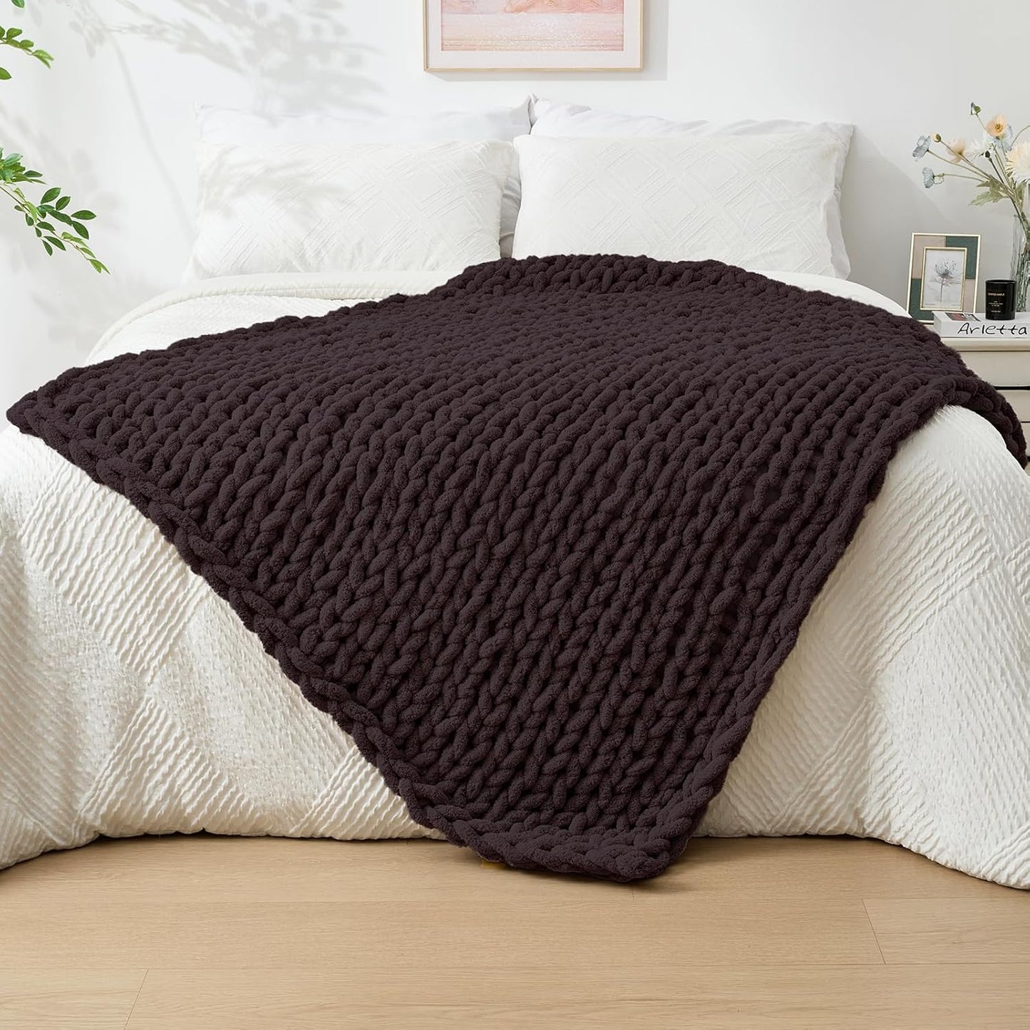 Bigacogo Chunky Knit Throw Blanket for Couch, 40x60 inches, 100% Hand Knitted with Thick Jumbo Chenille Yarn, Cozy Soft Large Rope Knot Cable Crochet Blankets for Sofa Bed Living Room, Chocolate