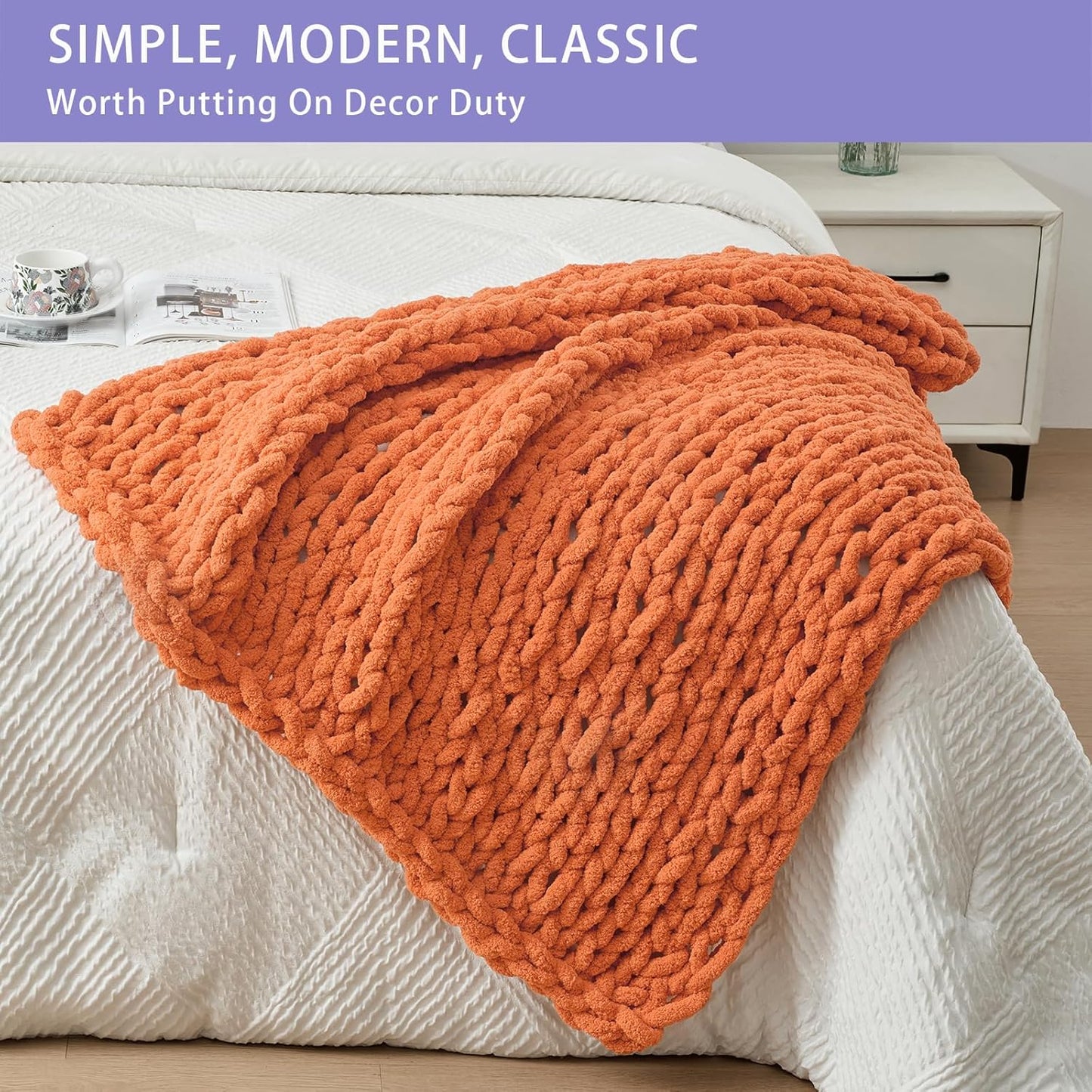 Bigacogo Chunky Knit Throw Blanket for Couch, 40x40 inches, 100% Hand Knitted with Thick Jumbo Chenille Yarn, Cozy Soft Large Rope Knot Cable Crochet Blankets for Sofa Bed Living Room, Terracotta