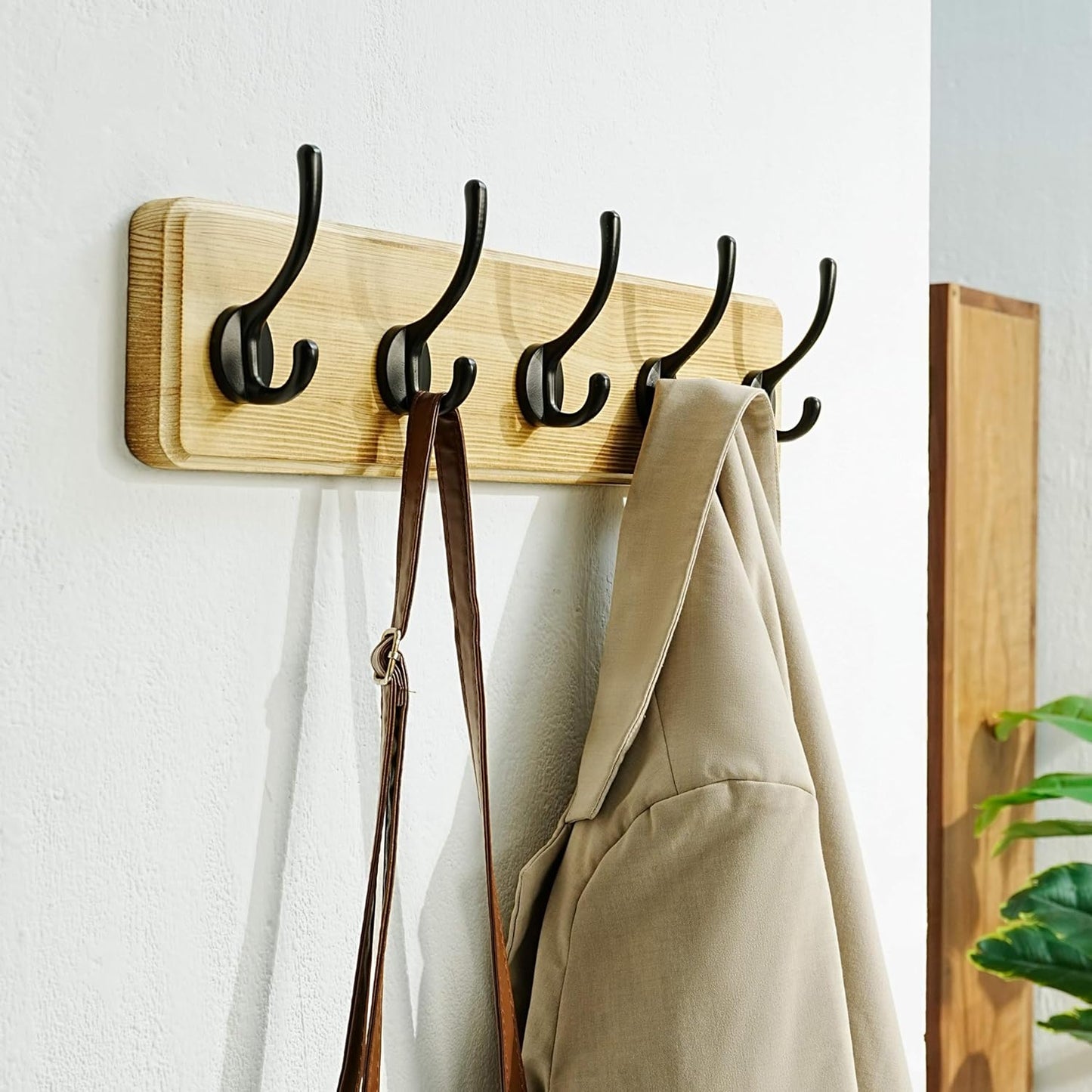 Dseap Coat Rack Wall: Patented, Heavy-Duty, 5-Double-Hooks Wooden Wall Mounted Coat Rack Coat Hanger Hook Rail for Winter Coats Hat Jacket Clothing, Light Brown, Pack of 2