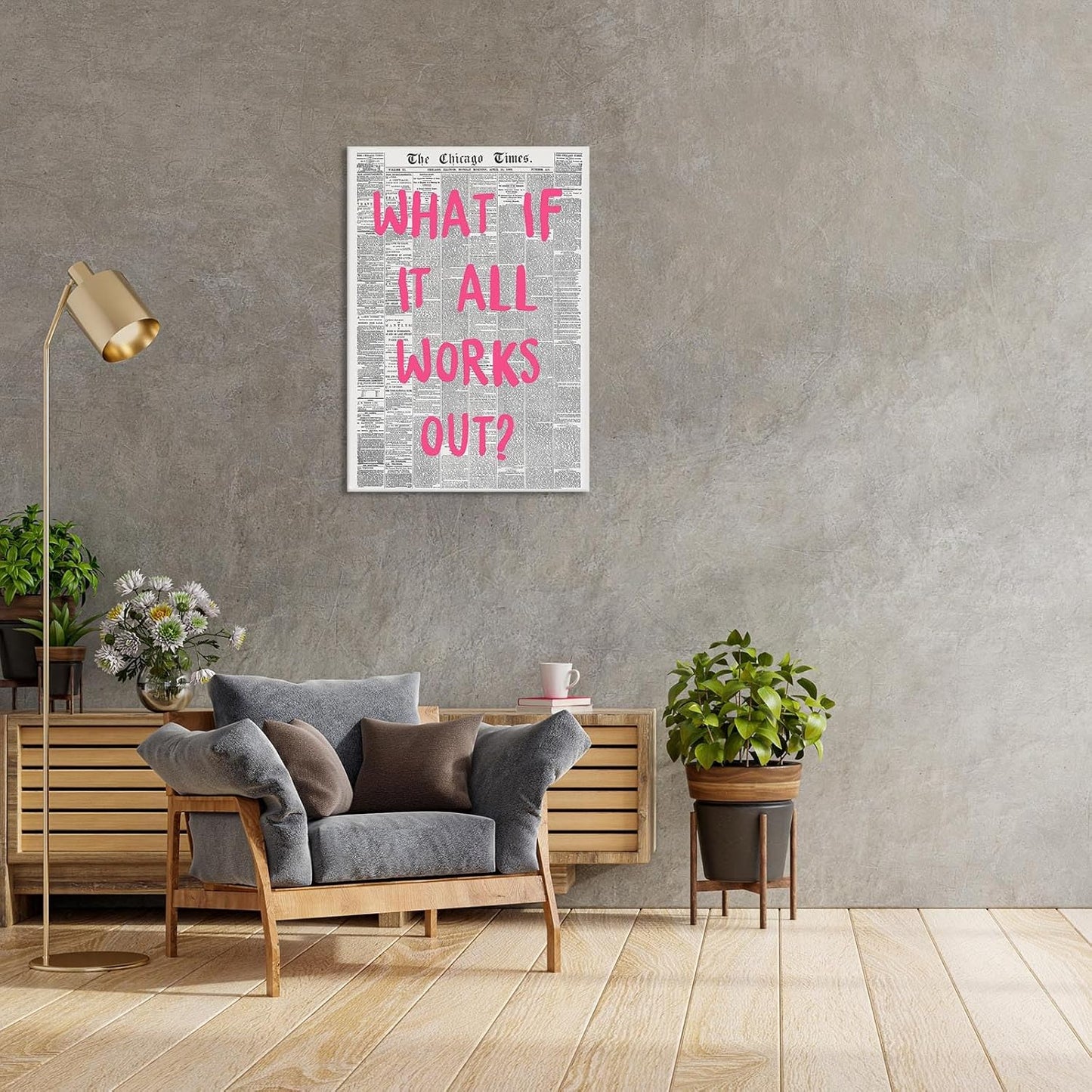 Liyark Retro Trendy Newspaper Canvas Wall Art 'What If All Works Out' Poster - Positive Affirmation Quote - Pink Font - Minimalist Home Decor - Framed 12x16in
