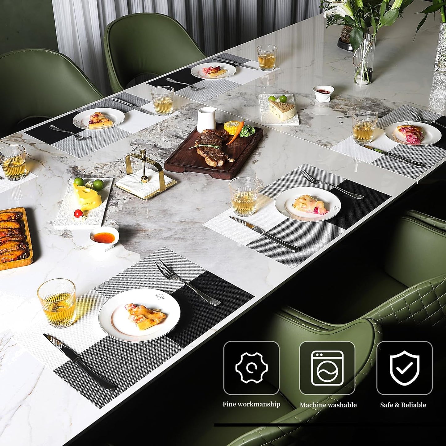 Vinyl Plastic Placemats Set of 6 Washable Heat Resistant Non-Slip Elegant Indoor Outdoor Kitchen Dining PVC Woven Table Place Mats (Black White Lattice Block)