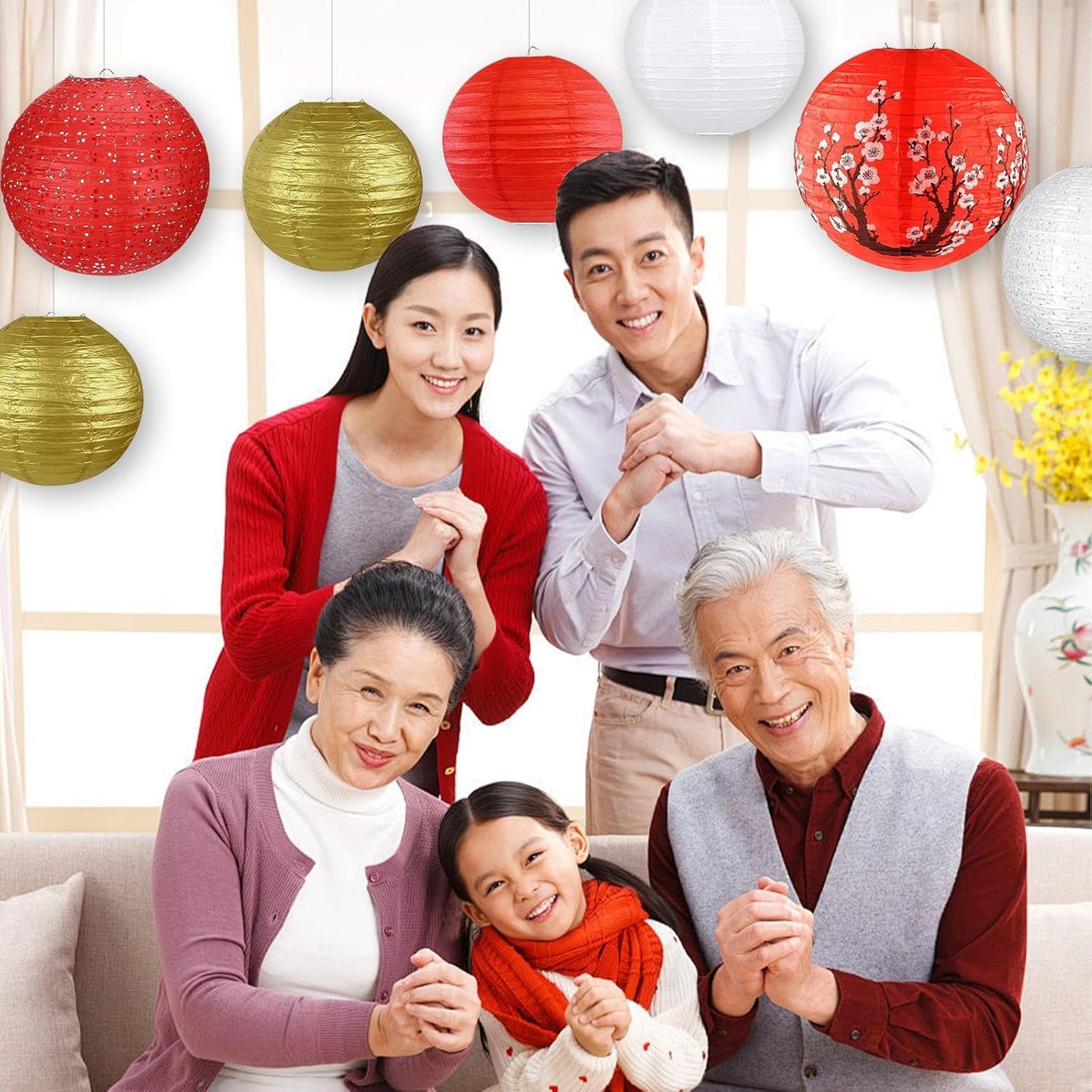 14Pcs Chinese Japanese Paper Lantern Assorted Sizes (8" 10" 12") Hanging Plum Blossom Red White Gold Chinese Lanterns for Chinese New Year Decorations, Lunar New Year, Spring Festival, Home Decor