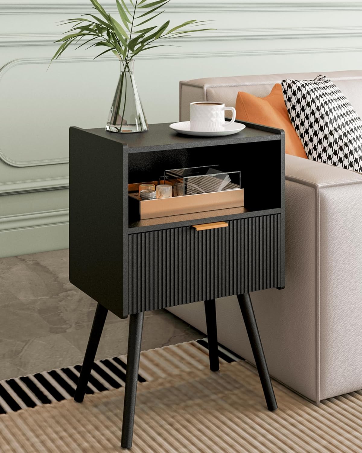 Nightstand,Modern Bedside Table with Storage Drawer and Open Wood Shelf, Accent Night Stand with Solid Wood Legs for Living Room, Bedroom and Small Spaces,Easy Assembly (Black)
