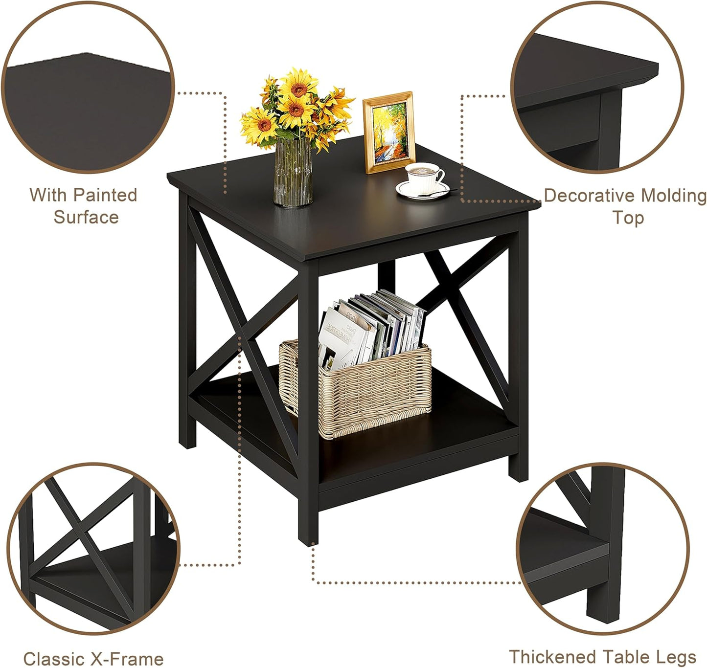 ChooChoo End Table, 24 Inch End Table with 2-Tier Storage Shelf, Side Table for Living Room, Wood Nightstand for Bedroom, Office, Painted Surface, Black