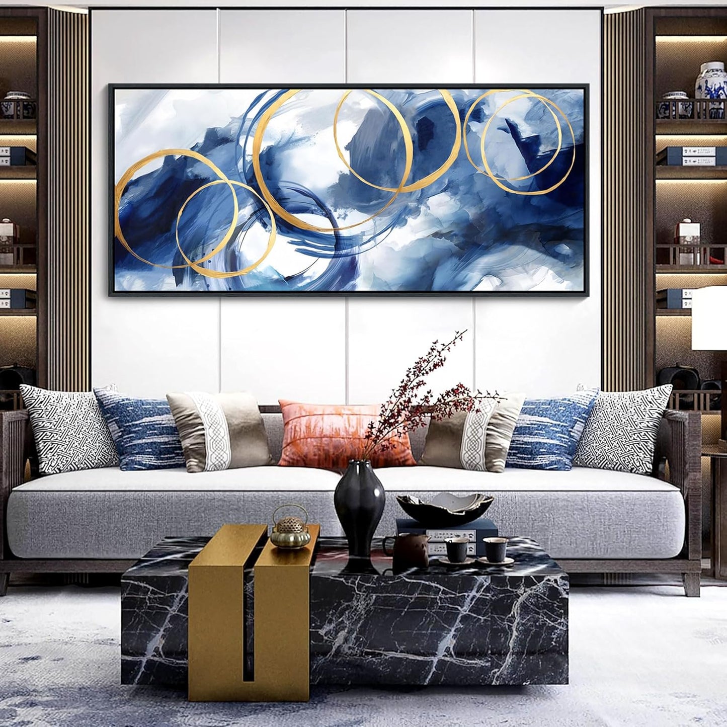 AJAZIKO Blue Abstract Canvas Wall Art Modern Wall Decor Artwork for Walls Living Room Large Painting Office Pictures for Wall Navy Gold Contempor Decorations for Bedroom