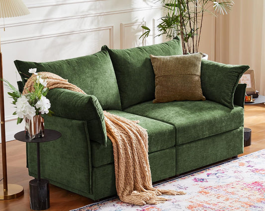 Oversized Loveseat Sofa, Modern Modular Sectional Couch Green Fluffy Chenille Mid Century 2-Seat 24.5" Deep Seat for Apartment, Living Room, Bedroom