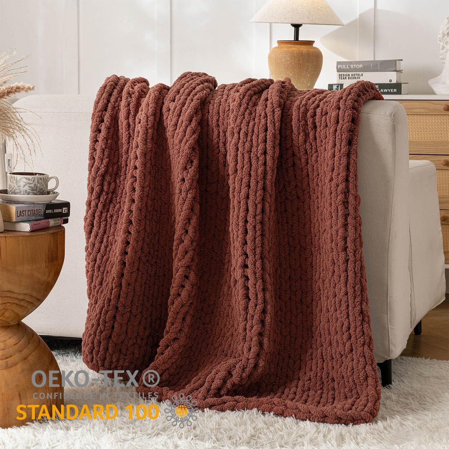 Chunky Knit Blanket Throw, 100% Hand Knit Throw Blanket Handmade Chenille Cable Knit Throw for Couch, Stylish Cozy Soft Rope Knot Crochet Blanket for Home Decor, Copper Brown, 60x80 Inches