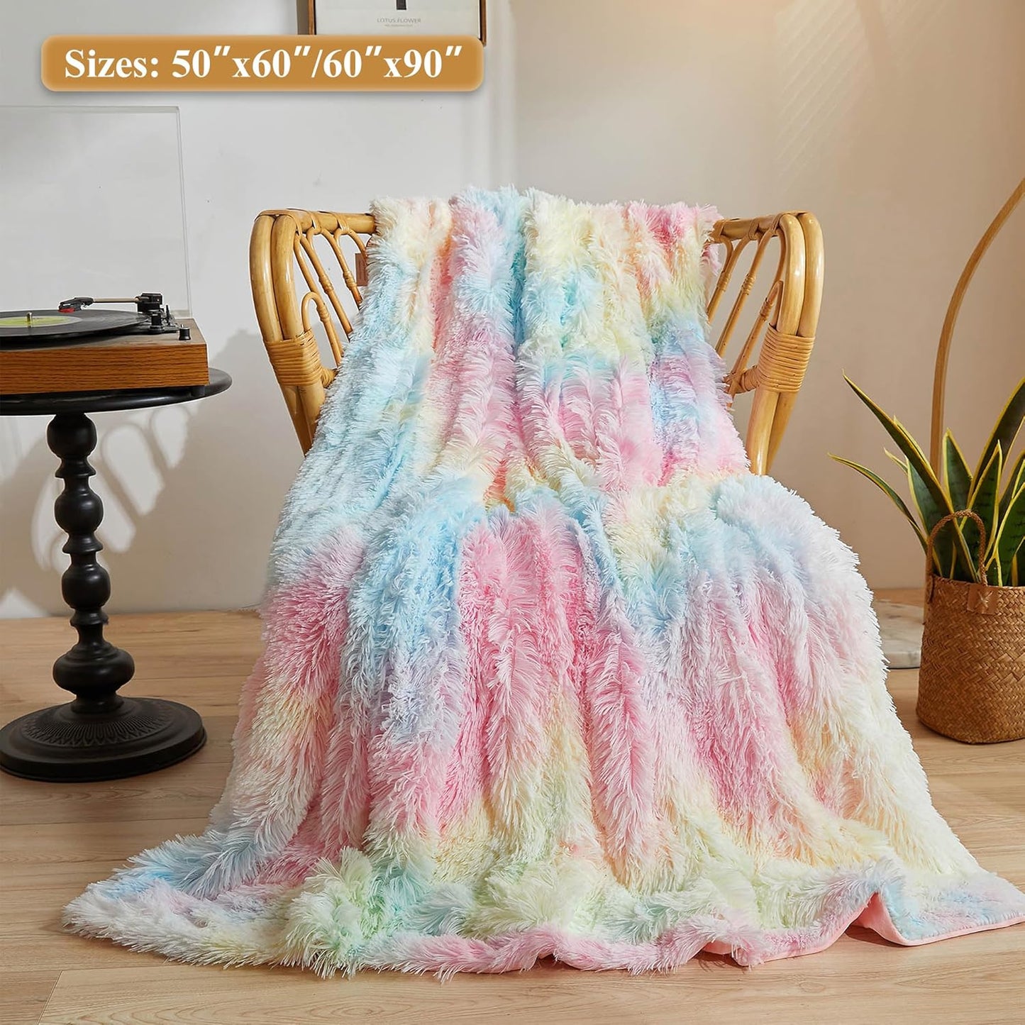XeGe Luxury Faux Fur Blanket, Rainbow Soft Big Fluffy Throw, Shaggy Plush Decorative Couch Throw, Cute Furry Fuzzy Blanket for Bed Bedroom Living Room Rainbow, 60x90