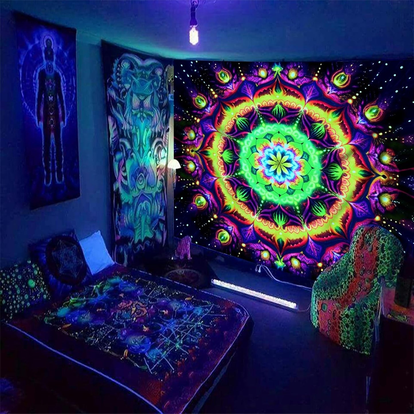 Blacklight Mandala Tapestry for Bedroom, Psychedelic Flower Black Light Posters for Adults and Teens, UV Reactive Aesthetic Bohemian Art Wall Hanging Decor Golden and Green (40 x 30 Inches)