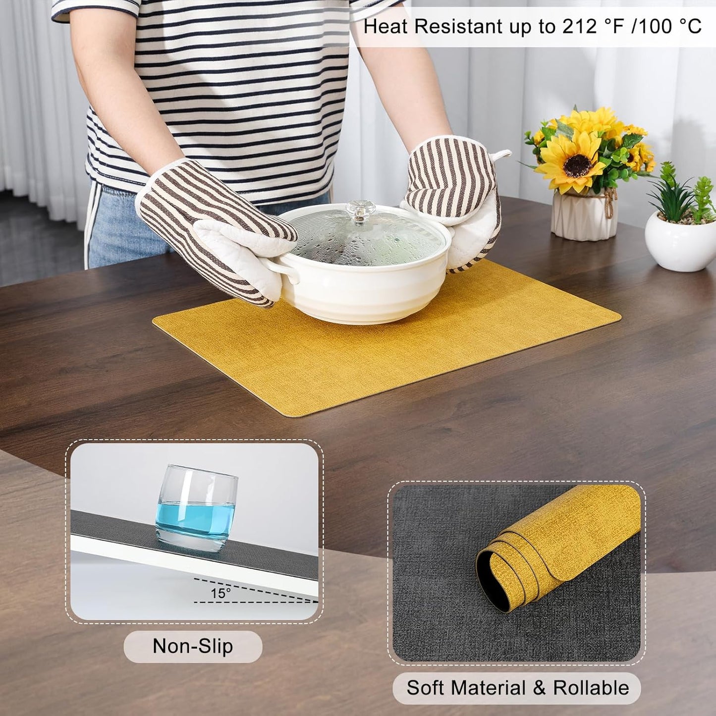 Myir JUN Placemats Dual Sided, Faux Leather Place Mats Set of 8 Indoor Placemats for Dining Table Non-Slip Washable Placemats Heat Resistant Outdoor Table Mats (Set of 8, Gray Yellow)