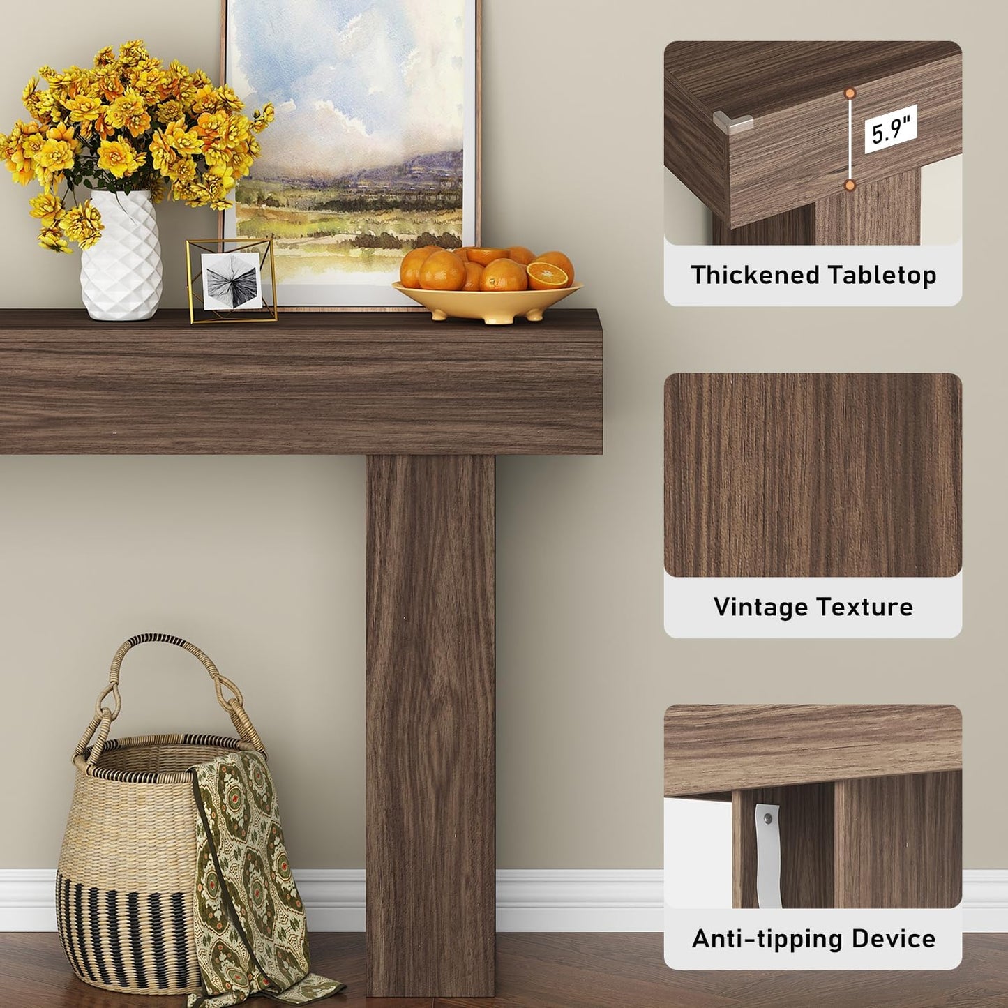 63 Inch Long Console Table for Entryway, Farmhouse Wood Rectangular Sofa Table Behind Couch Table, Narrow Entryway Table for Living Room, Entrance, Hallway, Foyer, Easy Assembly (Brown)