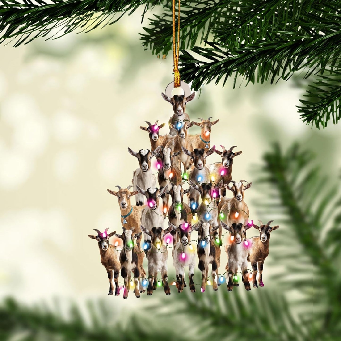 Talataca Goat 2D Flat Christmas Ornament, Goat Farm Animal Christmas Pine Tree Shape with String Light Pine Tree Decor, Hanging House Charm Eve Keepsake, Car Rear View Mirror Accessories, Xmas Gift