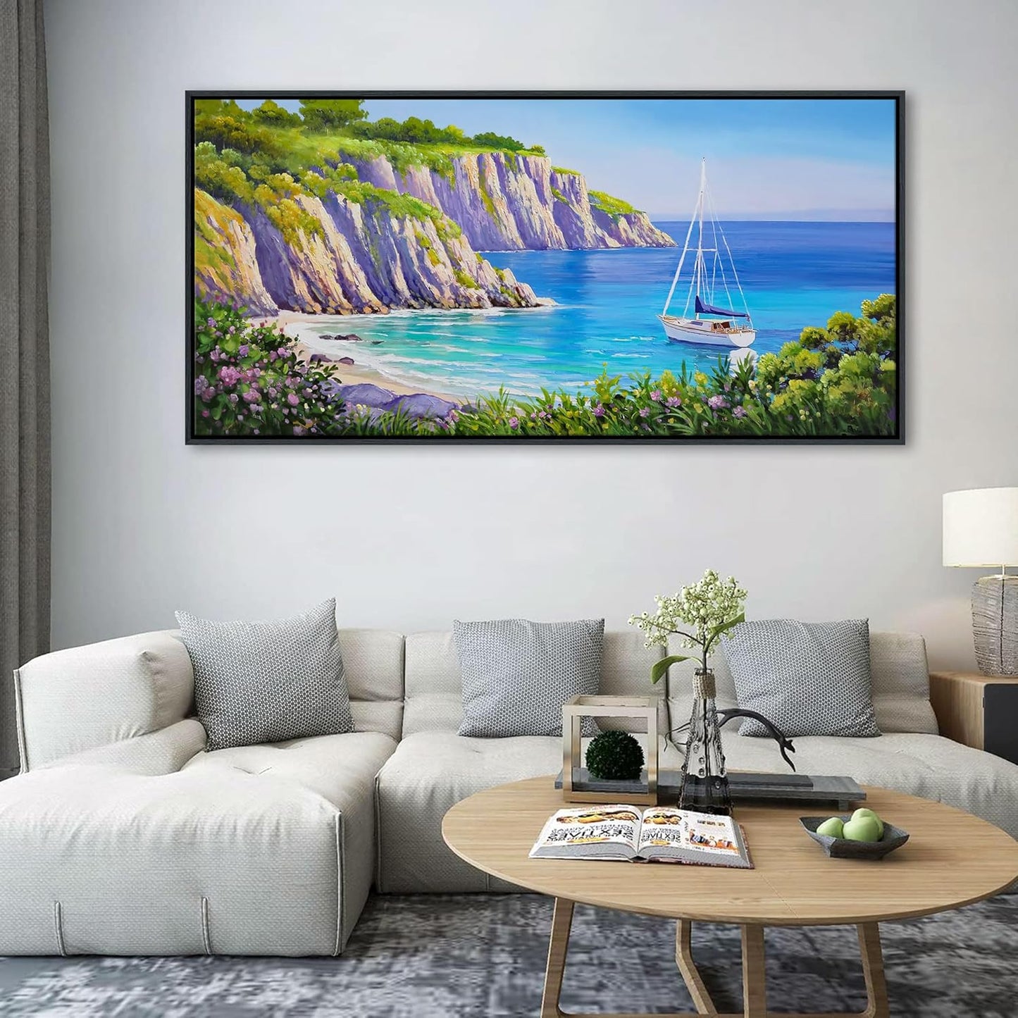 QZQCBLC Large Blue Wall Art, Purple Wildflowers Coastal Sailboat Mountain Canvas Pictures Modern Ocean Landscape Paintings Artwork for Living room Bedroom Home Office Framed Beach Decor 29x58