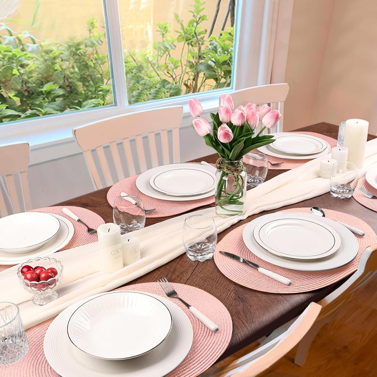 AHHFSMEI Placemats Set of 6 for Dining Table Washable Woven Vinyl Non-Slip 18x12 inches Placemat Heat-Resistant Durable Table Mats for Dining Table Easy to Clean(Pink)