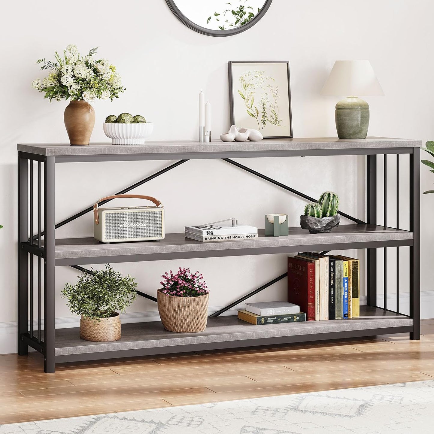 LVB Extra Long 3-Tier Sofa Table, Industrial Console Table with Storage Shelf, Modern Rustic Wood Metal Narrow Entryway Table, Skinny Behind Couch Table for Foyer Living Room Bedroom, Light Grey, 70In