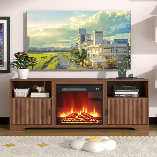 Fireplace TV Stand for Television up to 80 Inch,Entertainment Center with Adjustable Shelf,Mid-Century Modern Fluted TV Stand with 23" Electric Fireplace,Media Console for Living Room,Bedroom