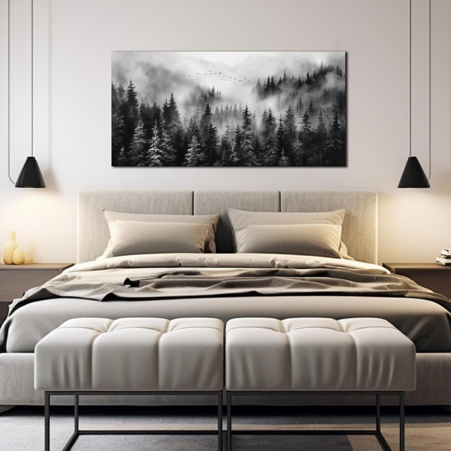 Black and White Canvas Wall Art for Office,Forest Wall Art for Bedroom Above Bed 24 x 48 Inch