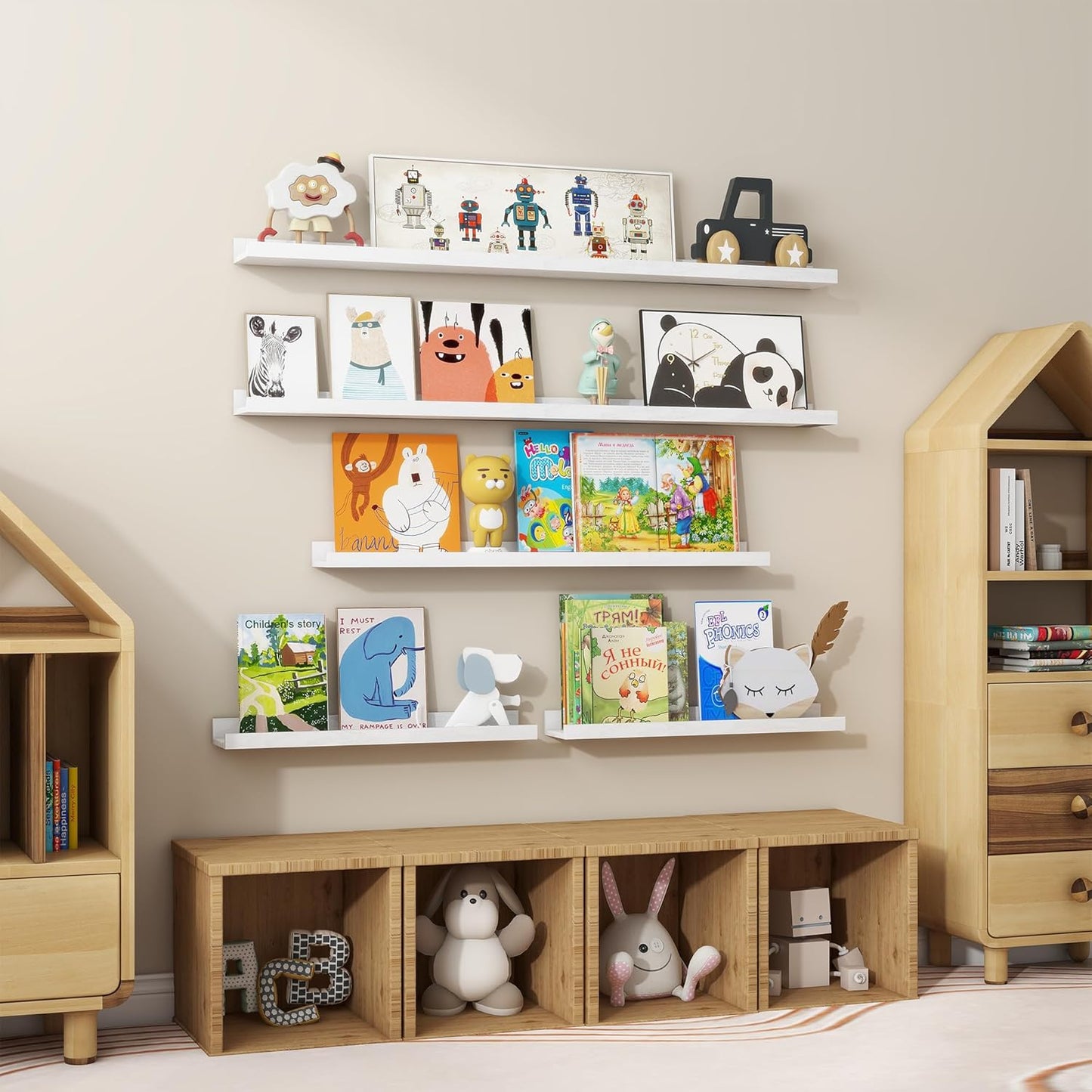 Floating Picture Ledge Shelves 24 Inch Solid Oak Wood Set of 2, Rustic Wall Storage Shelves with Lip, Kids Bookshelf, Photo & Picture Ledge Shelves for Bedroom, Living Room, Kitchen