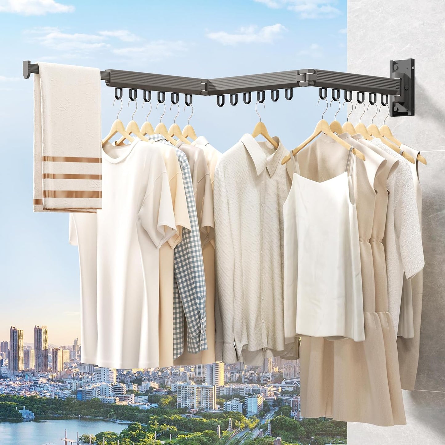 Grey Color Laundry Rack - Wall Mounted, Collapsible Clothes Drying Rack With Loop-type Hooks