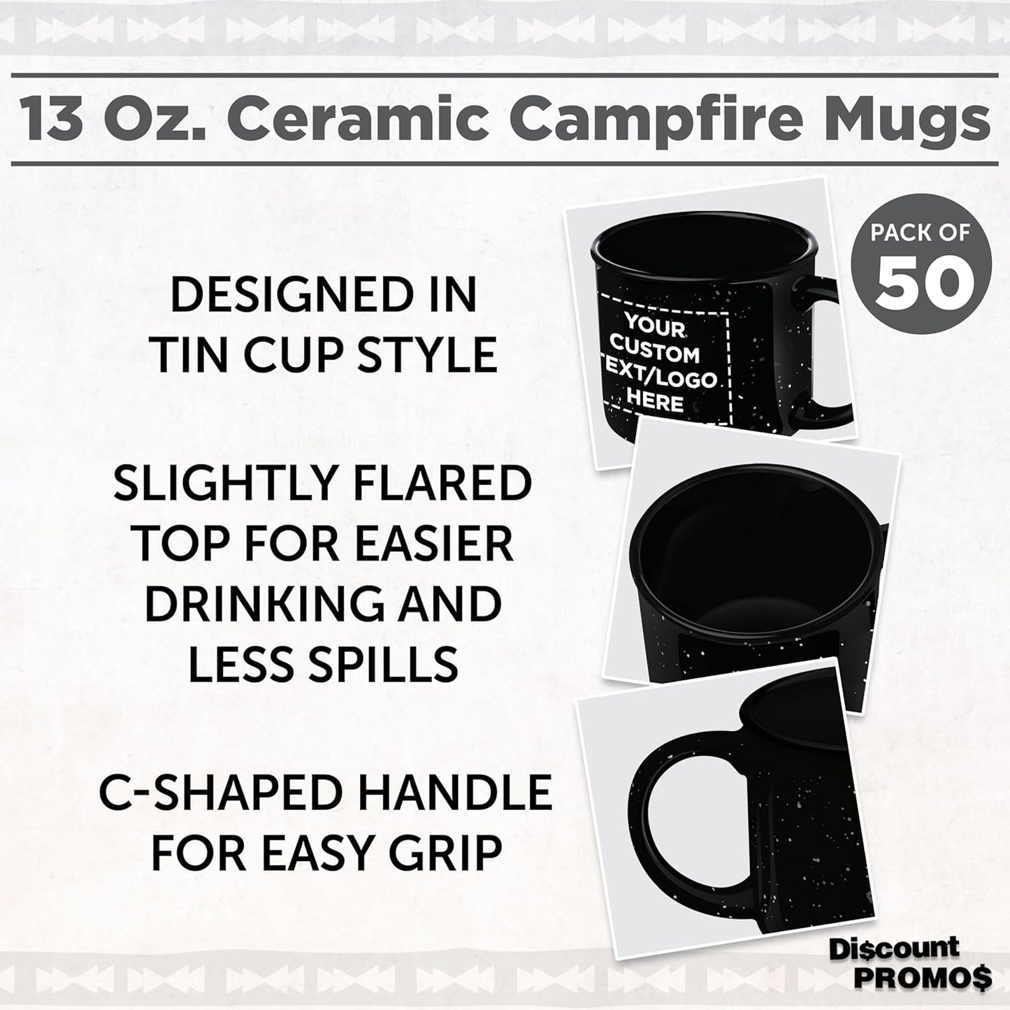 DISCOUNT PROMOS Custom Ceramic Campfire Coffee Mugs 13 oz. Set of 50, Personalized Bulk Pack - Perfect for Tea, Espresso, Cappuccino, Hot Cocoa - Black