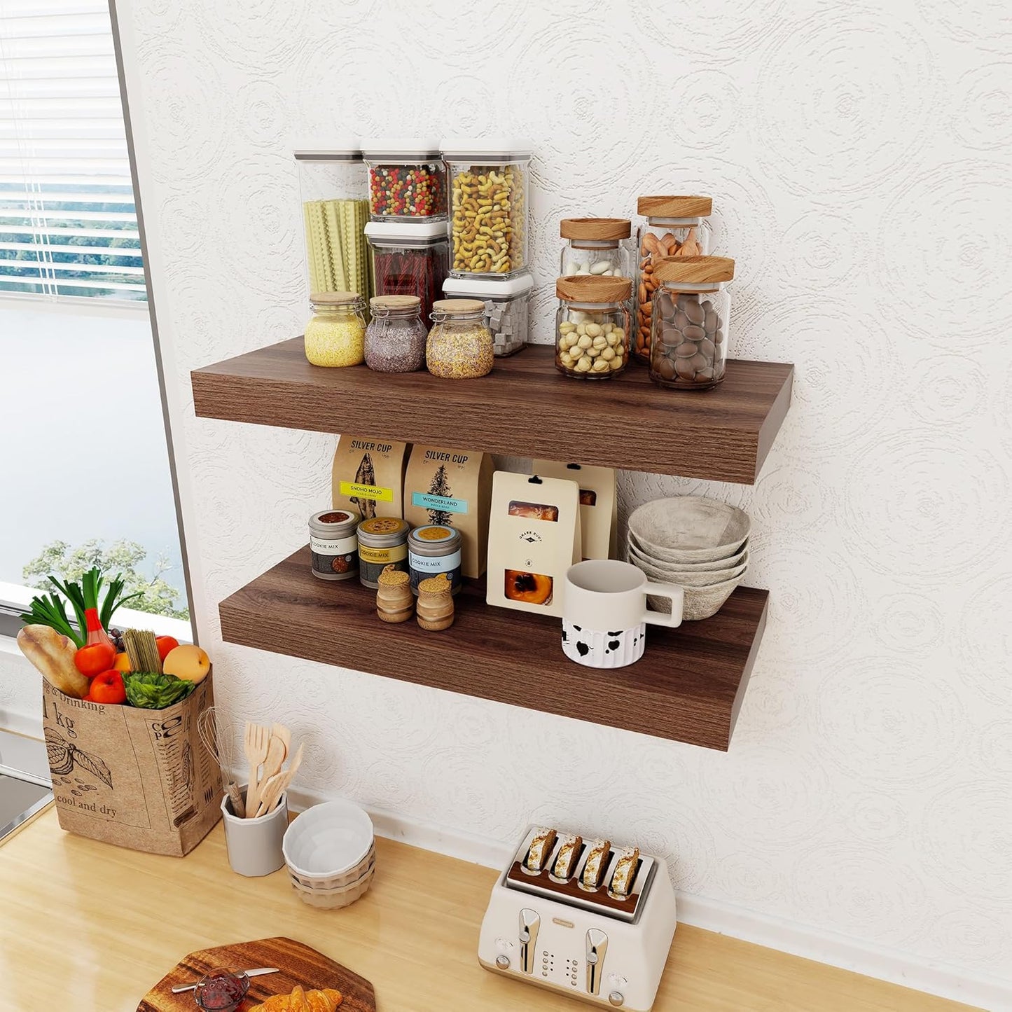 12 Inch Deep Floating Shelves, 24 x 12 Floating Shelf for Books, Rustic Wood Deep Wall Shelves for Home Storage & Display, 2" Thicked Shelves for Kitchen, Living Room, Bedroom, Walnut Color, 2 Pack